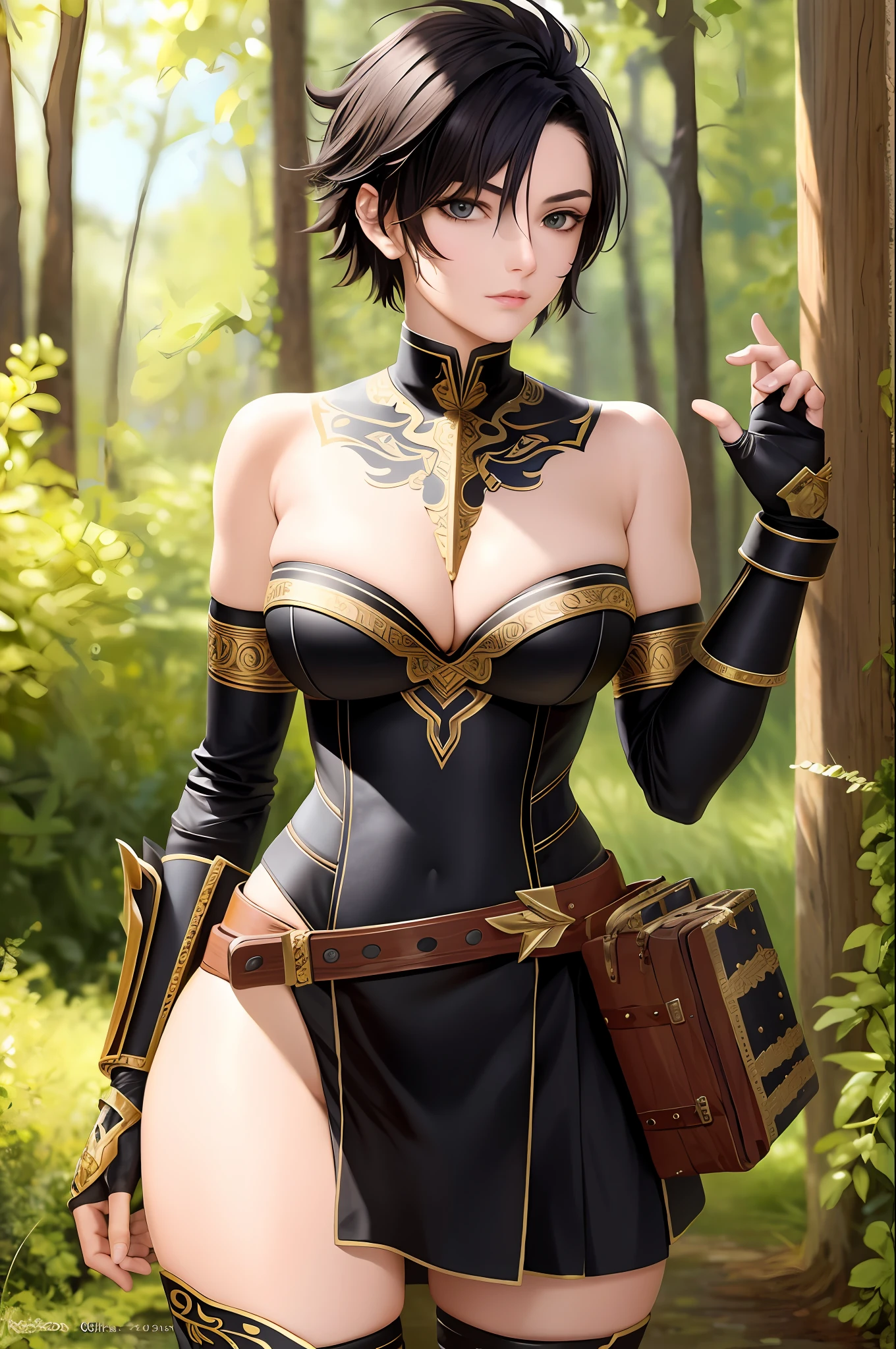 beautiful, (masterpiece:1.2), (best quality:1.2), perfect eyes, perfect face, perfect lighting, 1girl, mature female berserker, short black hair, pompadour cut, fur armor, breastplate, black ripped stockings, skindentation, fingerless gauntlets, narrow waist, wide hips, thick thighs, tribal tattoos, fantasy, detailed background, forest, woods, in the wild