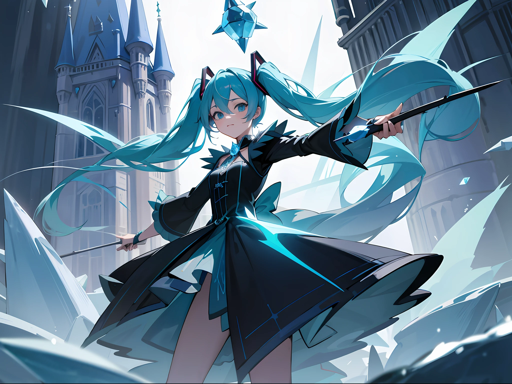 hatsune miku as a witch , witch dress , (blue ice magic) ,neon medieval castle , long twintails , black dress,blue magic wand , spiky ice everywhere