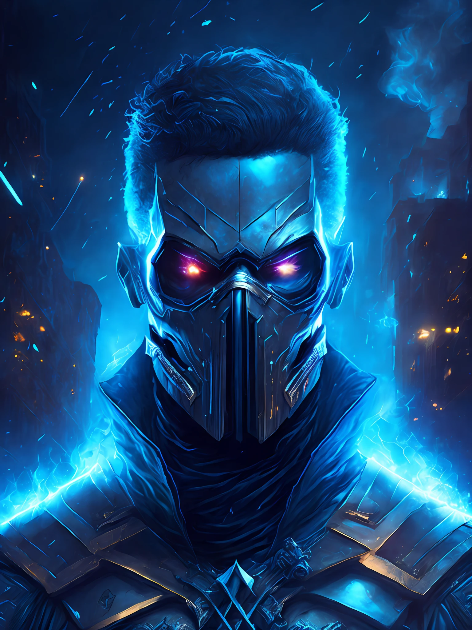 gloomy portrait of Crossbones from Marvel, extremely detailed, futuristic cityscape, nighttime, glowing neon lights, smoke, sparks, metal shavings, flying debris, blue energy effects, volumetric light