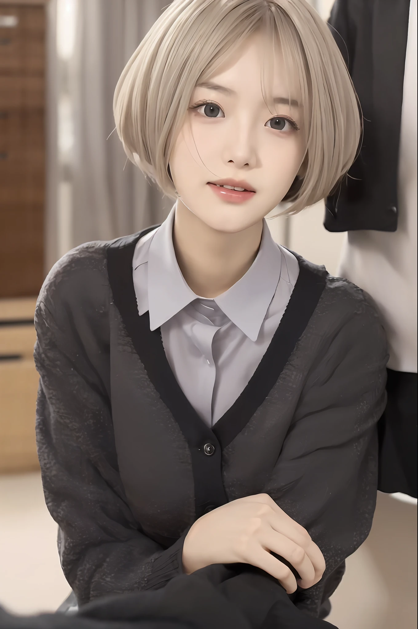 (RAW photo, best quality), (realistic, photo-realistic:1.3), masterpiece, an extremely delicate and beautiful, extremely detailed, CG, unity , 2k wallpaper, Amazing, finely detail, light smile, extremely detailed CG unity 8k wallpaper, huge filesize, ultra-detailed, highres, absurdres, soft light, (((short hair:1.3), short bang, silver hair, floating hair novafrogstyle)), beautiful detailed girl, detailed fingers, extremely detailed eyes and face, beautiful detailed nose, beautiful detailed eyes, long eyelashes, light on face, looking at viewer, (closed mouth:1.2), 1girl, cute, young, mature face, (full body:1.3), (medium breasts), realistic face, realistic body, beautiful detailed thigh, (ulzzang-6500-v1.1:0.8), business suit, cross-laced clothes, collared shirt, open clothes, in office, detailed office, open cardigan, black thighhighs, miniskirt, black underwear, unbuttoned shirt,
