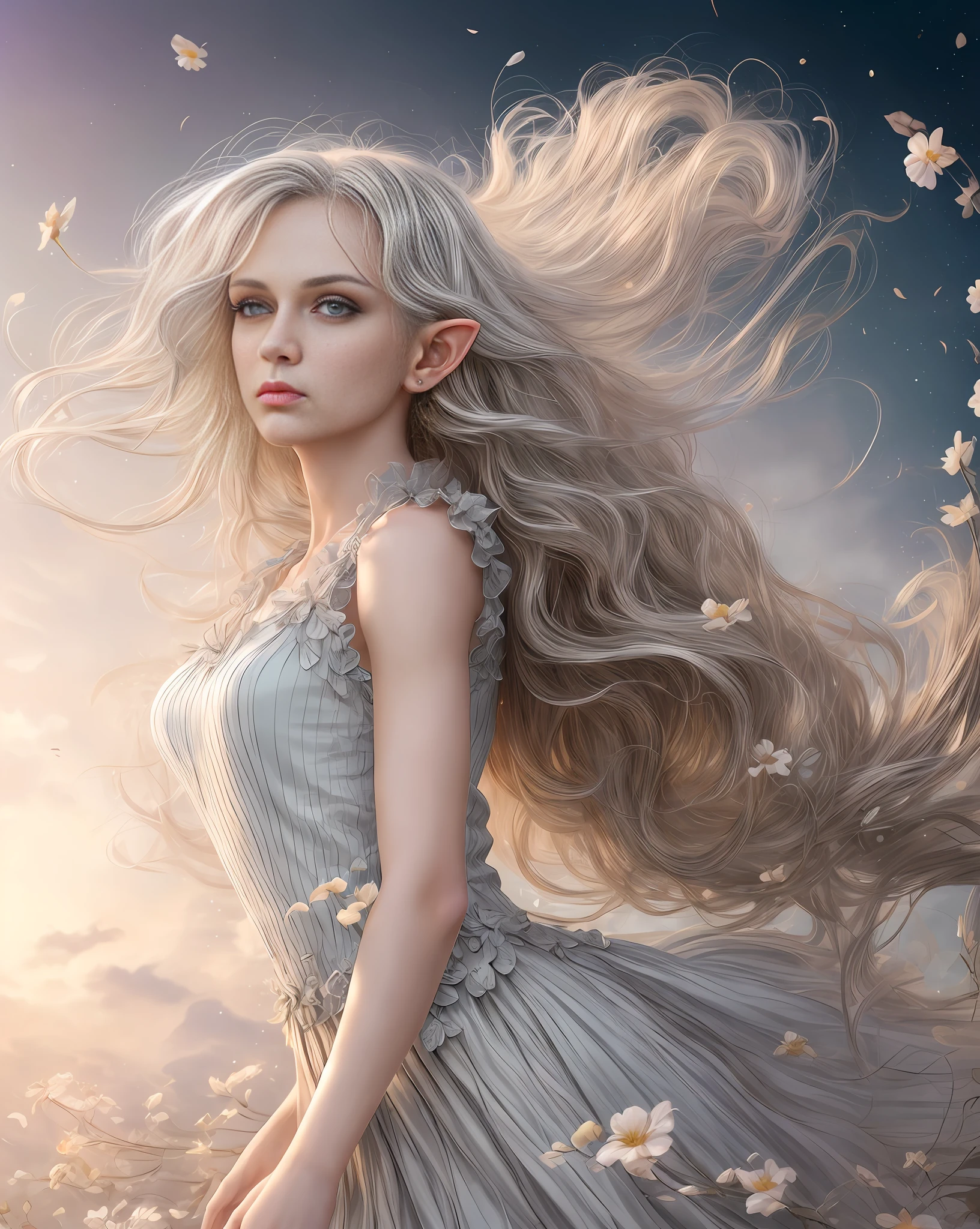 (best quality, masterpiece), woman elf (short ears), pose, particle, wind, flower, upper body, simple background, looking at viewer, long curly windblown blonde and silver hair, galaxy, backlit, rimlight, beautiful artwork, perfect composition