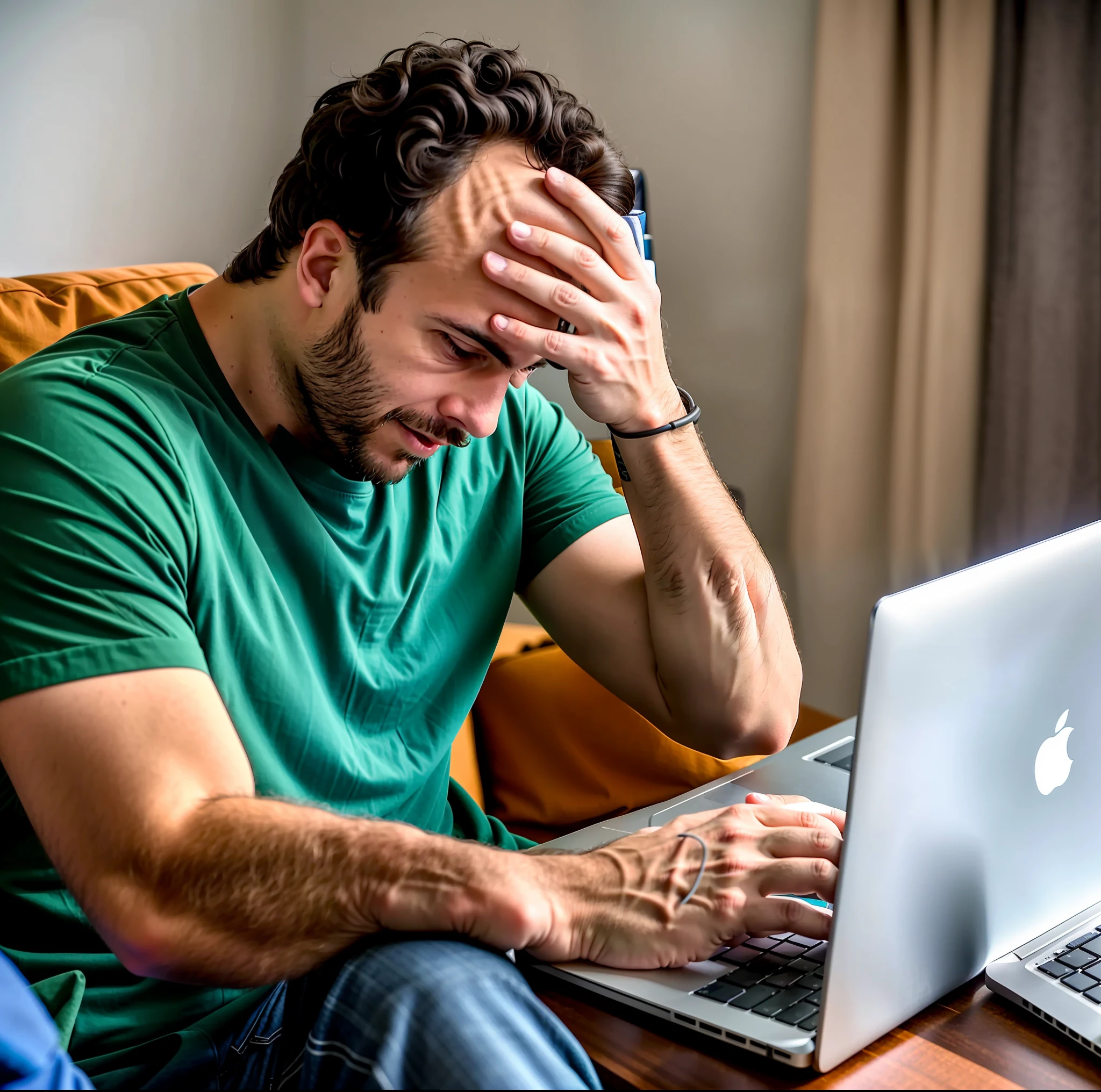 arafed man sitting on a couch with his laptop in front of him, struggling, technological anguish, frustrated, in front of a computer, sitting at a computer, sitting in front of computer, frustrated expression, stressed expression, trying to study, worried, frustration, concerned, sad man, with a laptop on his lap, frustrated detailed
