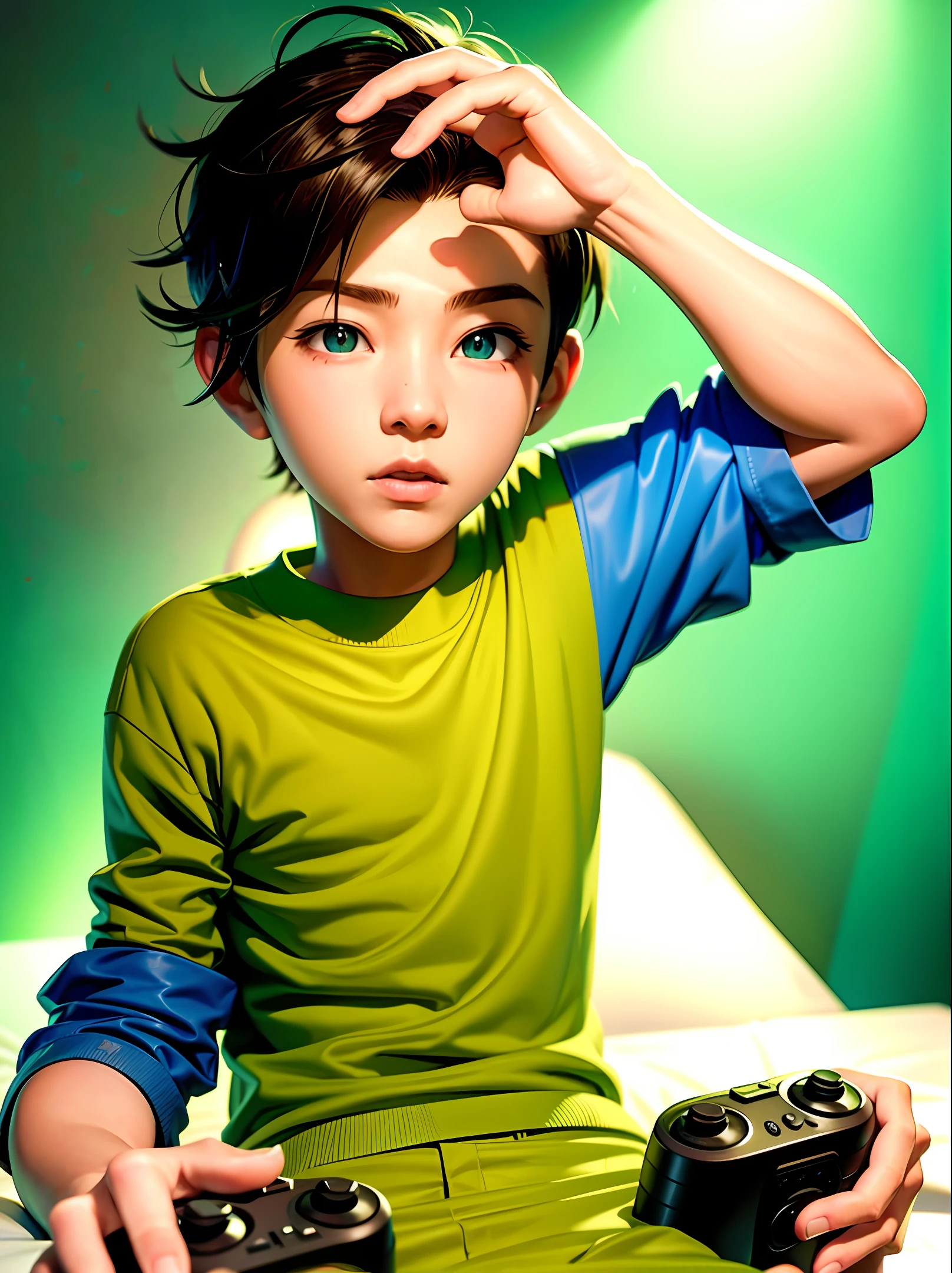 Boy with video game controller in hand television showing game posters on wall 3D realistic neon green on walls