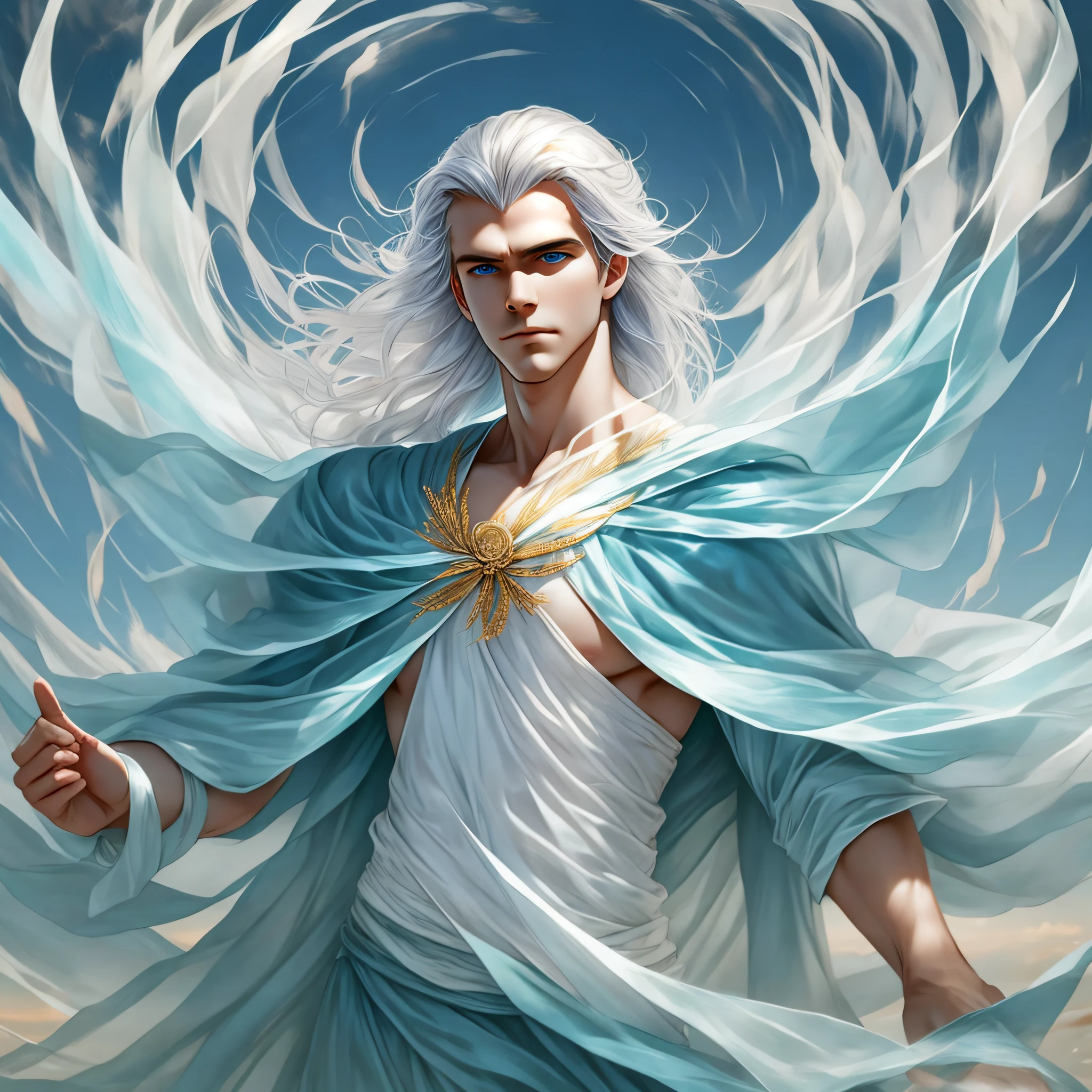 It is an ethereal and elegant figure with a human appearance, almost transparent, with an iridescent glow. It has sky blue eyes and hair that floats like clouds. It is usually found on top of a hill, surrounded by wheat fields and a large oak tree. His light clothes seem to float around him, even in the stillness. He controls the wind with a constant whirlwind in his hands. His presence, gentle as a breeze, becomes intense when he exerts his power over the wind he is flying over the sky. --auto --s2