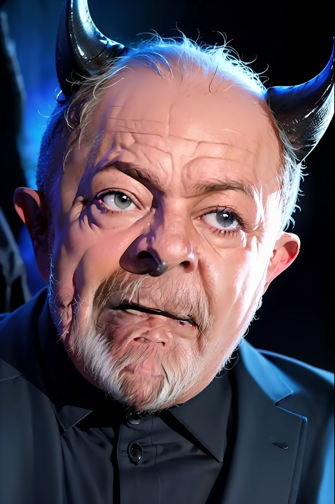 President Lula talking with demon horn in a dark and surreal setting, with dramatic lighting and horror elements. (Translation: President Lula talking to a demon's horns in a dark and surreal setting, with dramatic lighting and horror elements.)