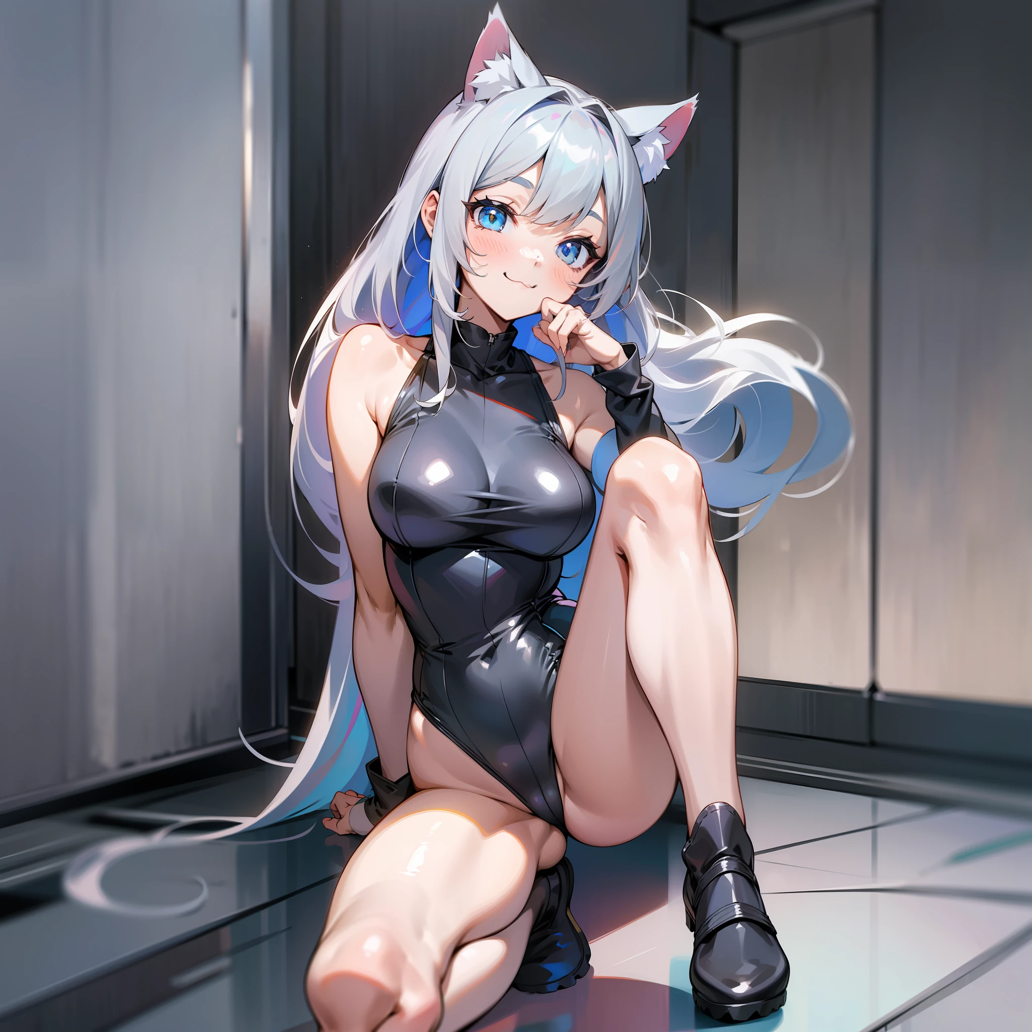 Big cat ears, cute girl 1 person, gray hair, twin-tailed hair, : 3, foot pose, smile, leotard-s - S 1000