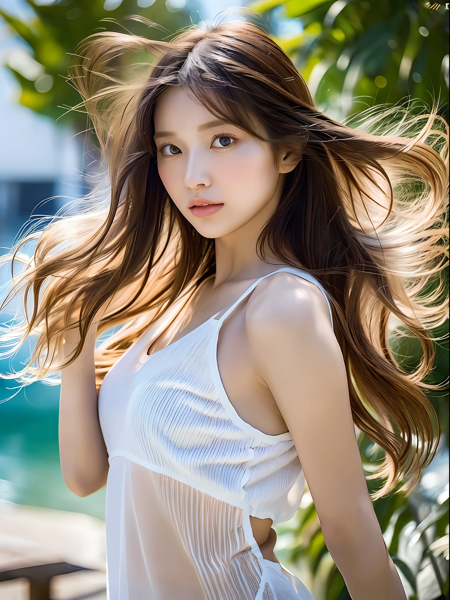 (8k, highest quality, masterpiece: 1.2), (hair_style), (realistic, photorealistic: 1.37), plump eyes, highest quality, masterpiece, in the summer sun, sky and sea background, shot on wooden deck, [small breasts], backlit, shooting from the waist up, camera angle from below, pose with hair raked up with hands, shot in natural light from morning to noon, Hairstyles and fashion styles that match the Japan trends of 2023, realistic, super detailed, 30s, actress, half Japanese and Russian half model, elaborate CG, slender, adorable, hairstyle matches the fashion of Japan in 2023 layer cut that flutters in the wind, delicate skin type, fine details and softness, model hair color is bright and soft, Choose a short-length T-shirt that matches the summer trends of 2023 and pair it with pale pastel colors for surf fashion.