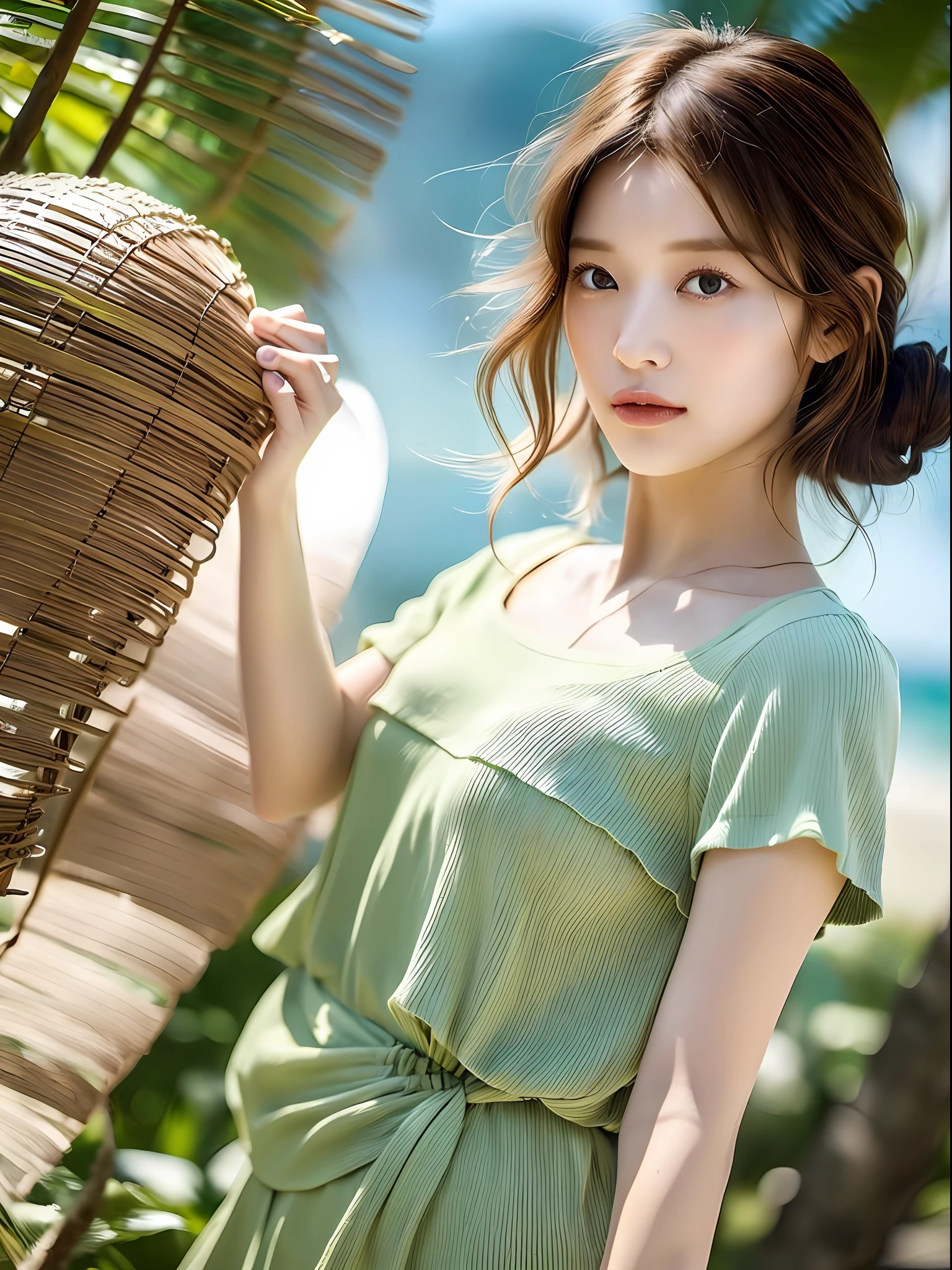 (8k, highest quality, masterpiece: 1.2), (hair_style), (realistic, photorealistic: 1.37), plump eyes, highest quality, masterpiece, in the summer sun, sky and sea background, shot on wooden deck, [small breasts], backlit, shooting from the waist up, camera angle from below, pose with hair raked up with hands, shot in natural light from morning to noon, Hairstyles and fashion styles that match the Japan trends of 2023, realistic, super detailed, 30s, actress, half Japanese and Russian half model, elaborate CG, slender, adorable, hairstyle matches the fashion of Japan in 2023 layer cut that flutters in the wind, delicate skin type, fine details and softness, model hair color is bright and soft, Choose a short-length T-shirt that matches the summer trends of 2023 and pair it with pale pastel colors for surf fashion.