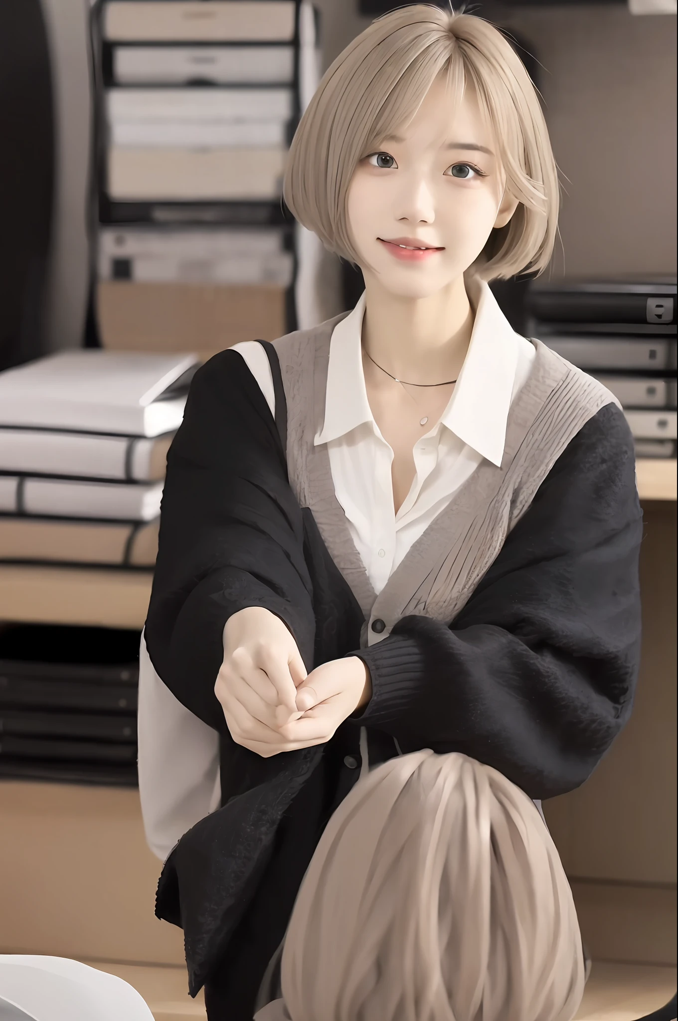 (RAW photo, best quality), (realistic, photo-realistic:1.3), masterpiece, an extremely delicate and beautiful, extremely detailed, CG, unity , 2k wallpaper, Amazing, finely detail, light smile, extremely detailed CG unity 8k wallpaper, huge filesize, ultra-detailed, highres, absurdres, soft light, (((short hair:1.3), short bang, silver hair, floating hair novafrogstyle)), beautiful detailed girl, detailed fingers, extremely detailed eyes and face, beautiful detailed nose, beautiful detailed eyes, long eyelashes, light on face, looking at viewer, (closed mouth:1.2), 1girl, cute, young, mature face, (full body:1.3), (medium breasts), realistic face, realistic body, beautiful detailed thigh, (ulzzang-6500-v1.1:0.8), business suit, cross-laced clothes, collared shirt, open clothes, in office, detailed office, open cardigan, black thighhighs, miniskirt, black underwear, unbuttoned shirt,