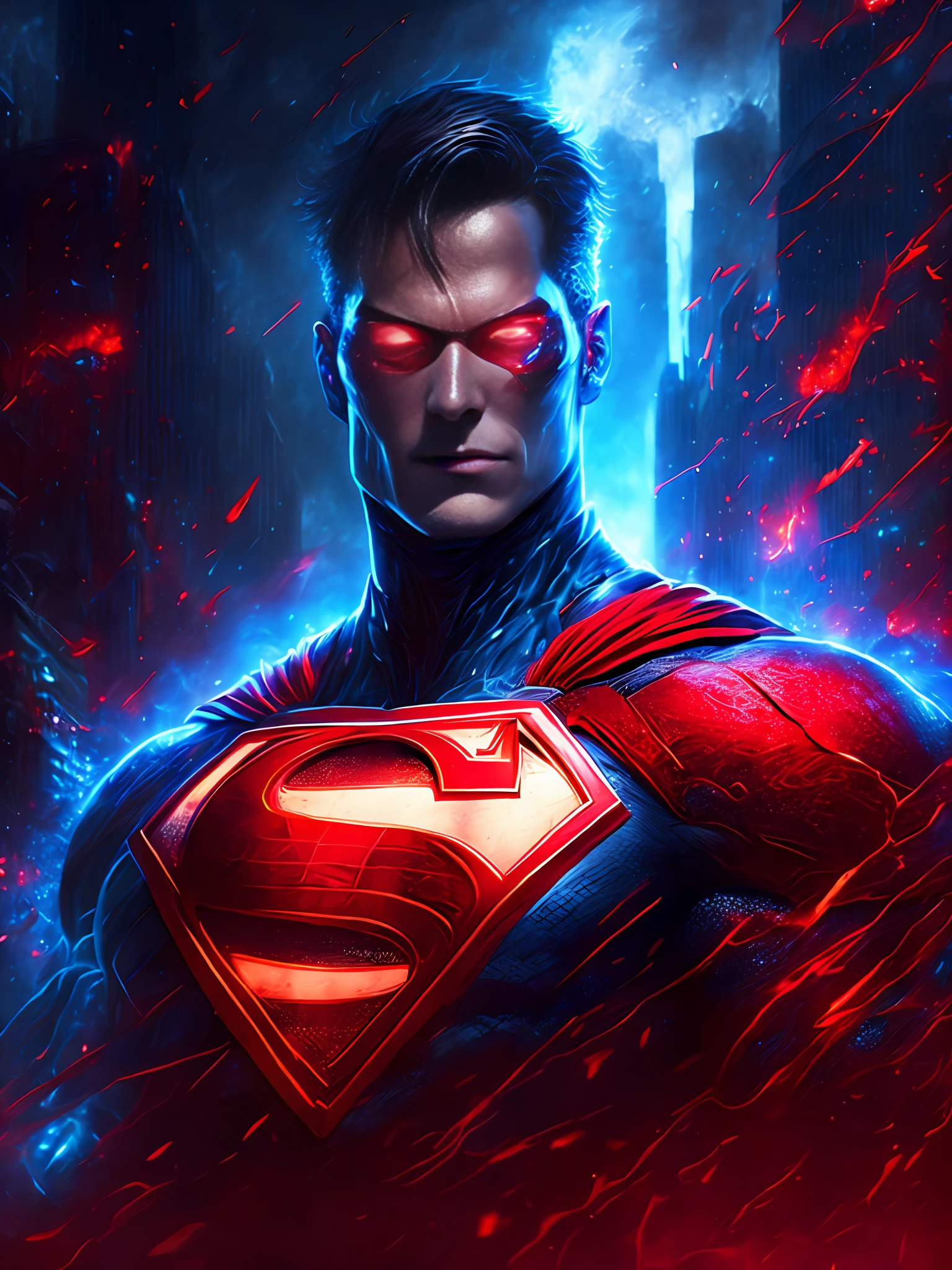 gloomy portrait of Superman Red Lantern from DC, extremely detailed, futuristic cityscape, nighttime, glowing neon lights, smoke, sparks, metal shavings, flying debris, blue energy effects, volumetric light