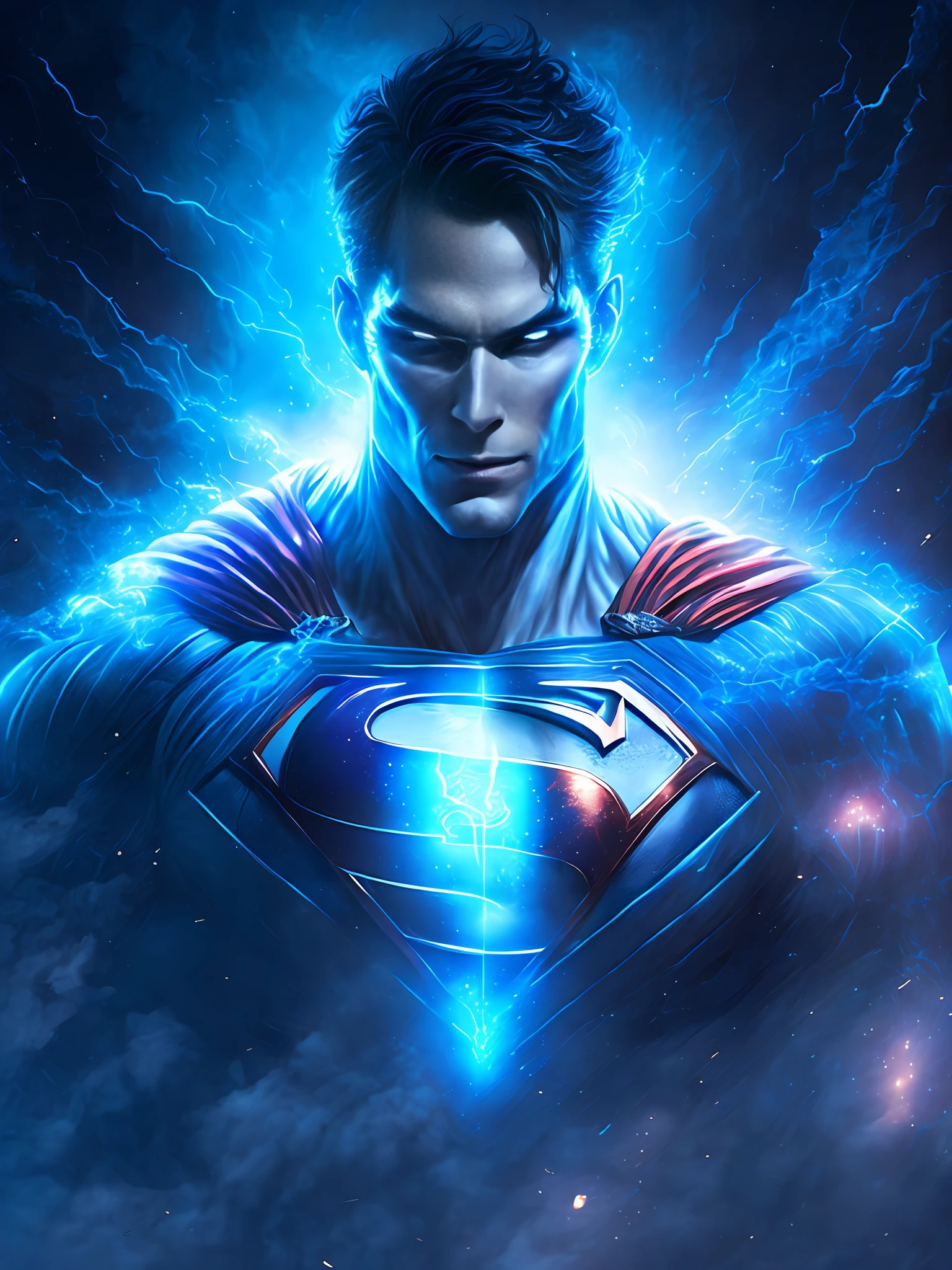 gloomy portrait of Superman White Lantern from DC, extremely detailed, futuristic cityscape, nighttime, glowing neon lights, smoke, sparks, metal shavings, flying debris, blue energy effects, volumetric light