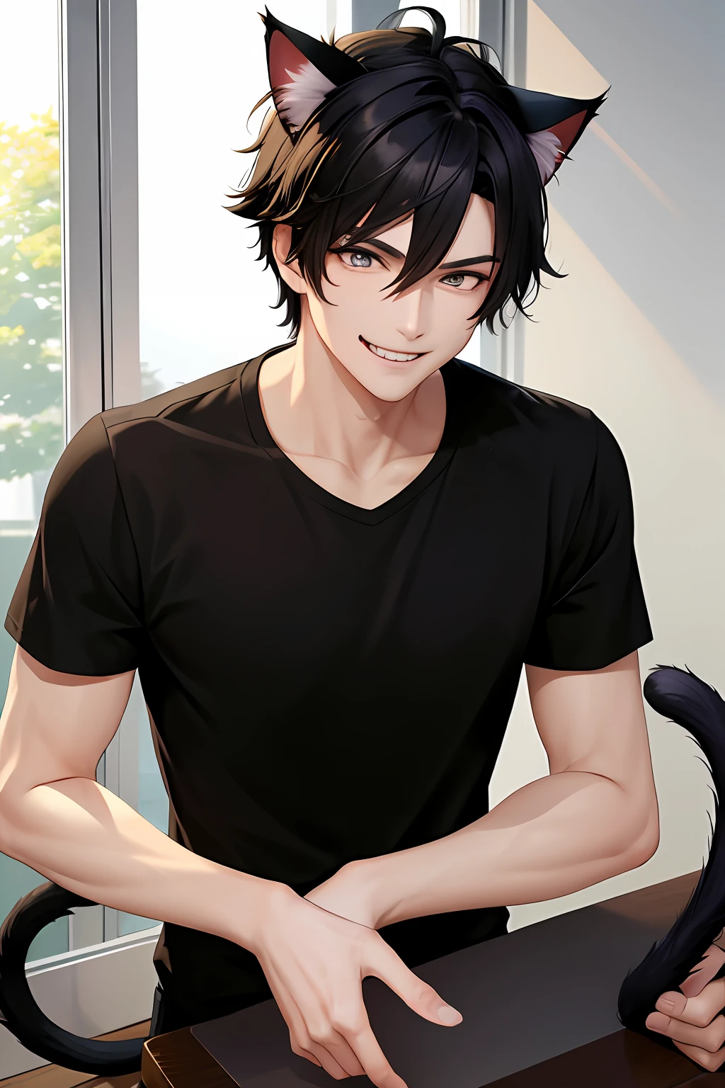(masterpiece, best quality), 1 boy, cat ears, cat tail, athletic body, black eyes, messy black hair, evil smile, black shirt
