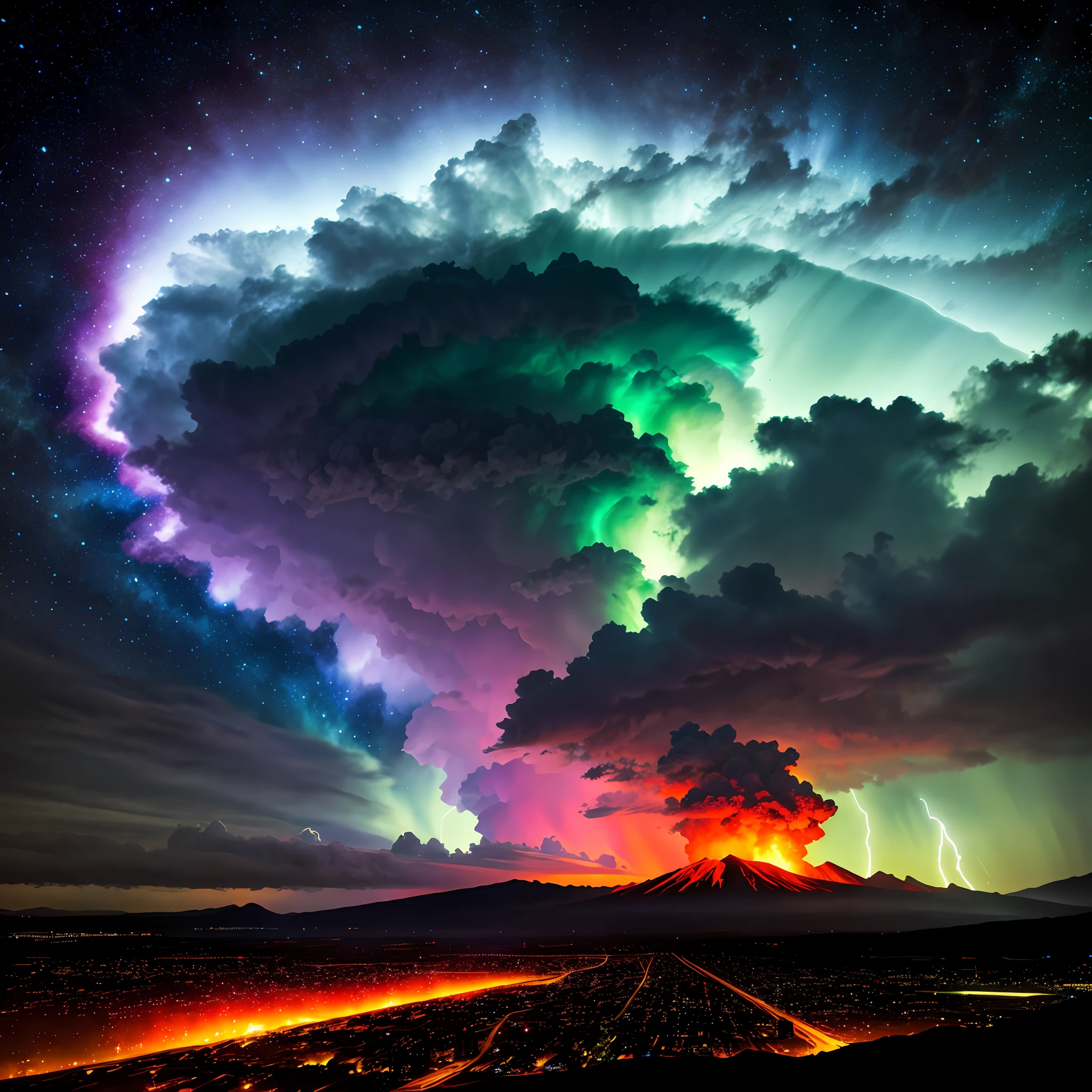 dramatic sky with a big tornado, big tornado, huge tornado, blue lightning Style: masterpiece, best quality, 8k, sharp focus, realistic, ((Detailed)), ((Dynamic pose)), ((Good highlights)), (Perfect proportions), (dynamic), (intricate), (complementary colors), good perspective, (Professional), (Award-winning) ADDCOMM volcanic island background, with a ruined city ahead Red flame, soft particles, explosion BREAK green flame, soft particles, Great tornado,