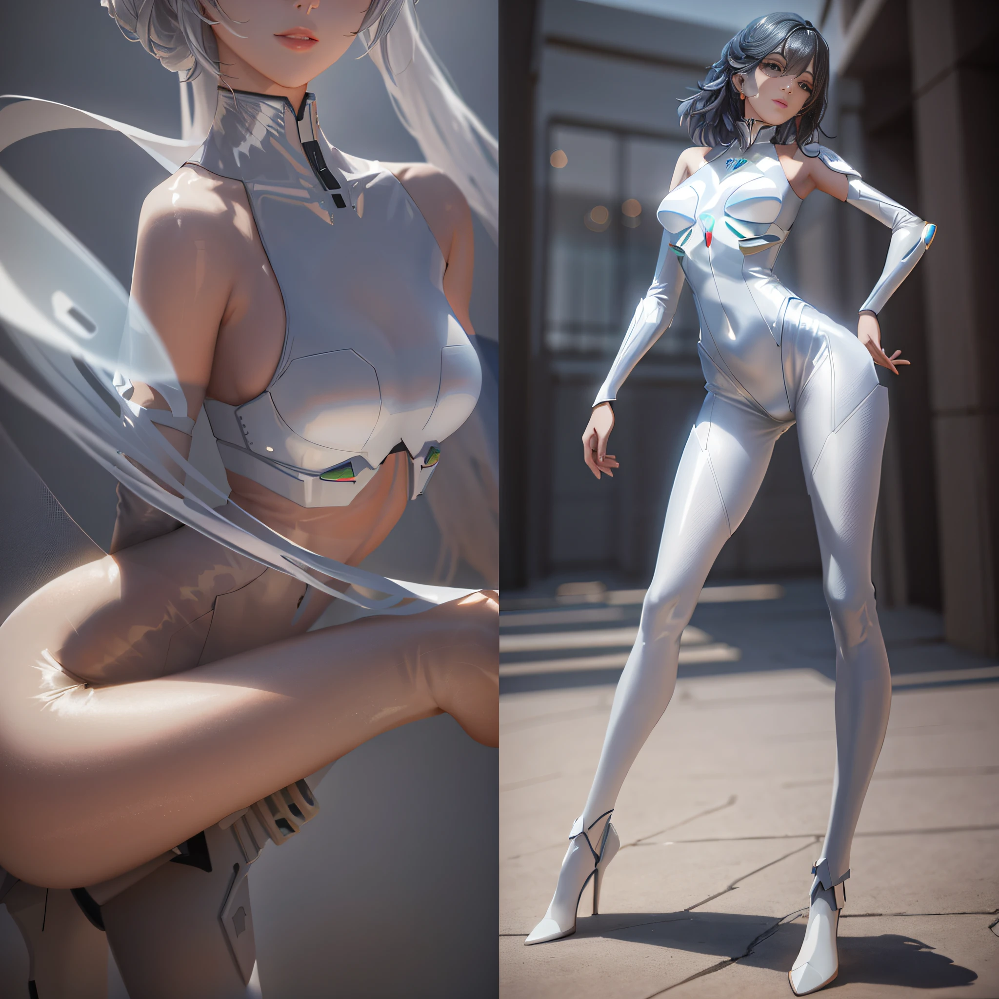 there is a woman in a white suit posing for a picture, in white futuristic armor, smooth digital concept art, cgsociety inspired, styled like ghost in the shell, full body cgsociety, cgsociety masterpiece, inspired by Marek Okon, 3 d render character art 8 k, cgsociety - w 1 0 2 4 - n 8 - i, wlop glossy skin