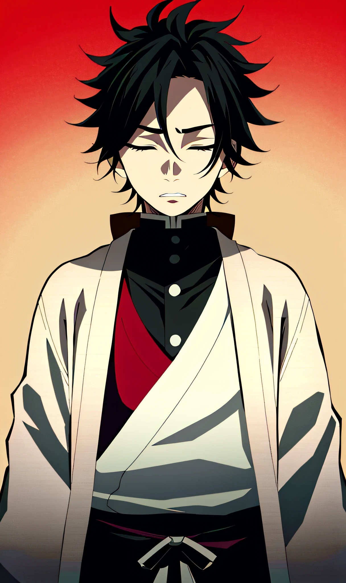 Kimetsu no Yaiba style teen Japanese guy wearing a black and red haori, white undershirt, black hair, blind, eyes shut, calm expression, anime coloring ((masterpiece))