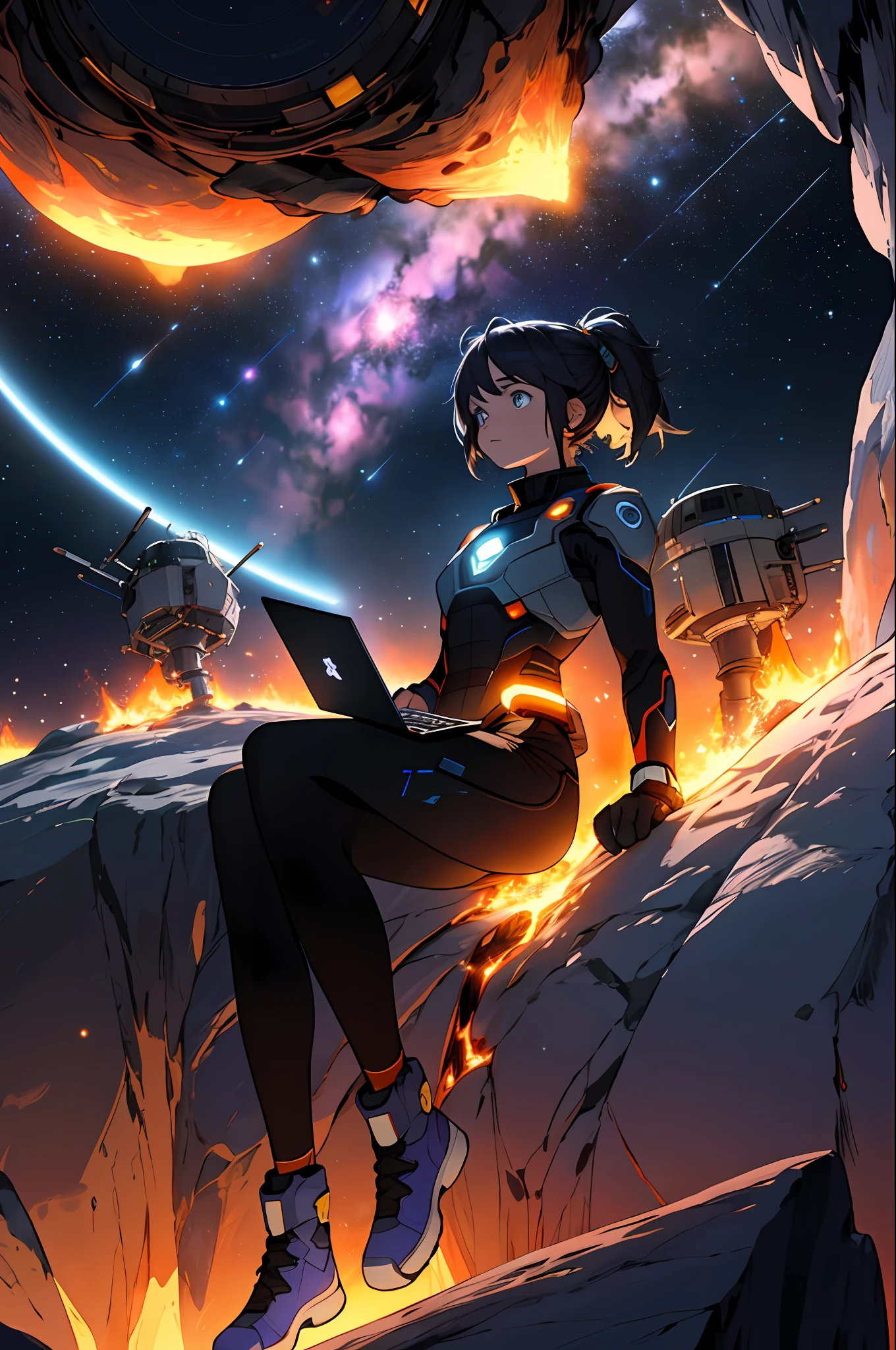 Draw a young programmer sitting on a research platform floating in the middle of an asteroid belt. She is studying with a laptop, surrounded by several asteroids glowing with auras of fire. The dramatic illumination of distant stars and planets illuminates the scene, casting deep shadows on the costume. The young woman seems confident and determined, looking at the vast and mysterious universe with admiration and respect,