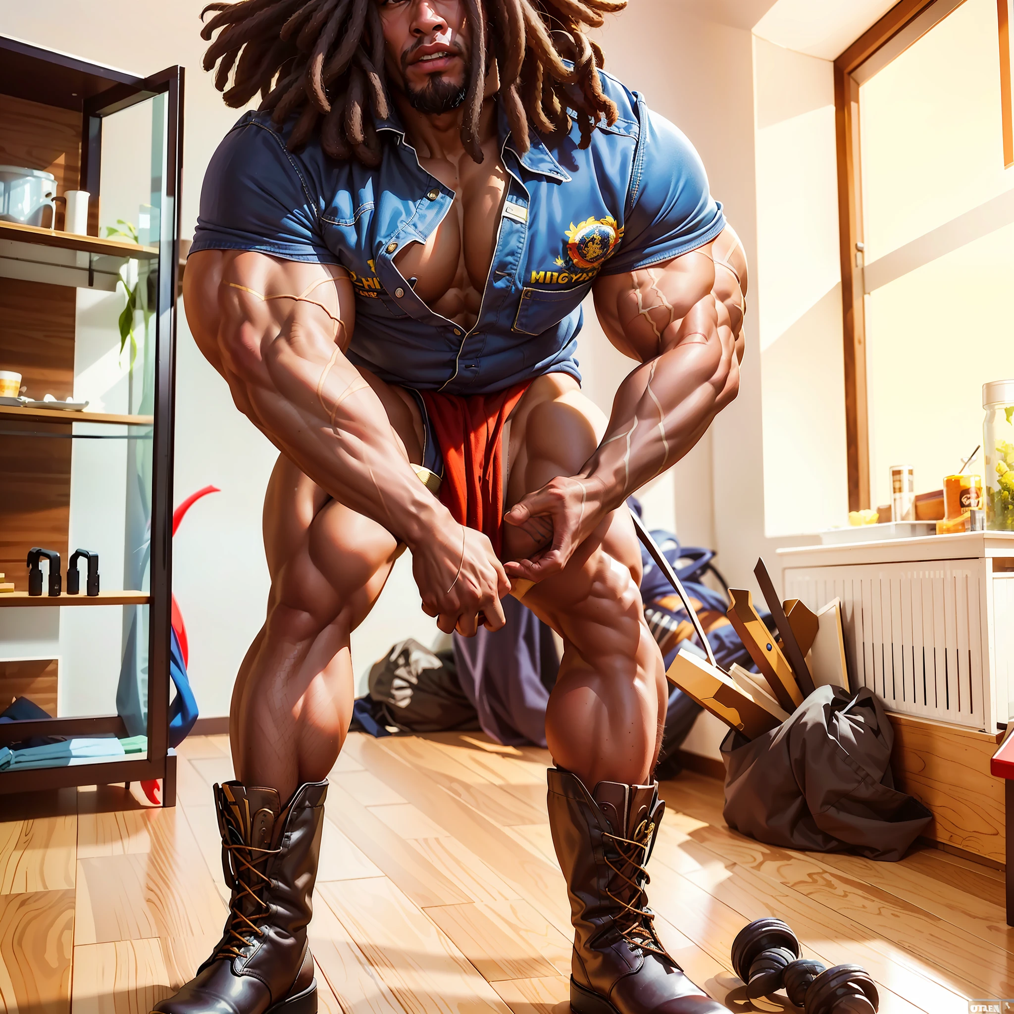 there is a man with dreadlocks posing for a picture, muscular thighs, exaggerated physique, exaggerated muscle physique, strong legs, large muscles, massive muscles, very beautiful. big muscles, extreme muscles, muscular legs, exaggeratedly large physique, posing and flexing, big muscles, huge muscles, tall and muscular, muscled, bodybuilder physique, strong and imposing