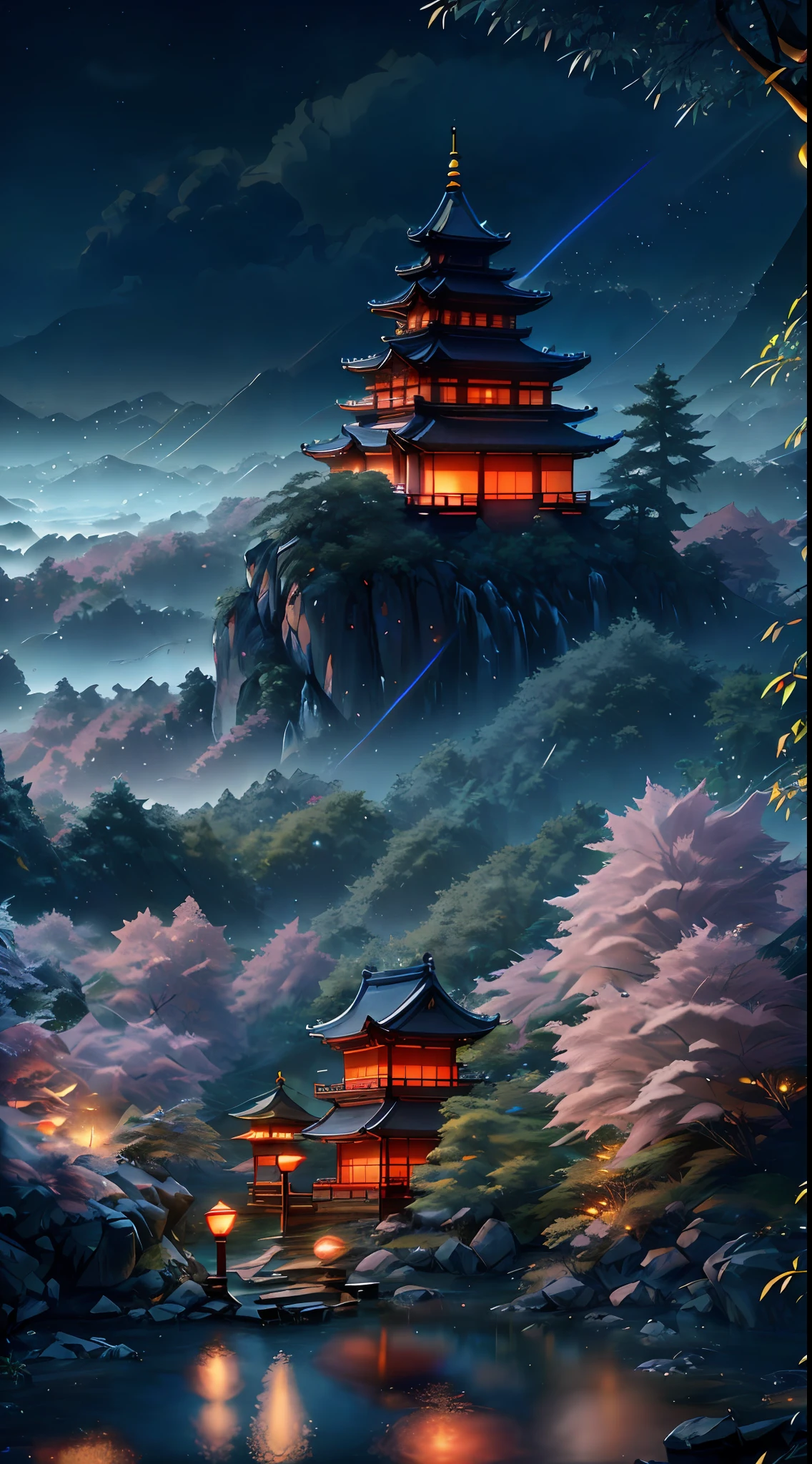 ((diffuse colors)), (( Top view, high angle view, Focal point composition)), Ancient Chinese architecture, cool colors, dark night, moon, garden, bamboo, lake, stone bridge, rockery, arch, corner, tree, running water, landscape, outdoor, waterfall, grass, rock, intense rainfall, thunderstorm, vines all around, giant and wet trees, with glowing leaves in the trees, glowing fireflies and glowing particle effects, a japanese castle at the top of a mountain, masterpiece, best quality, high quality, extremely detailed CG unity 8k wallpaper, oil paiting, award winning photography, Bokeh, Depth of Field, HDR, bloom, ,Photorealistic,extremely detailed, trending on artstation, trending on CGsociety, Intricate, High Detail, dramatic, art by midjourney, volumetric lighting