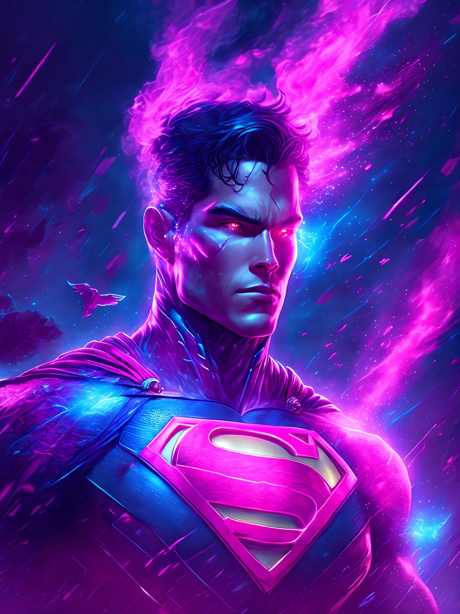 gloomy portrait of Superman Pink Lantern from DC, extremely detailed, futuristic cityscape, nighttime, glowing neon lights, smoke, sparks, metal shavings, flying debris, blue energy effects, volumetric light
