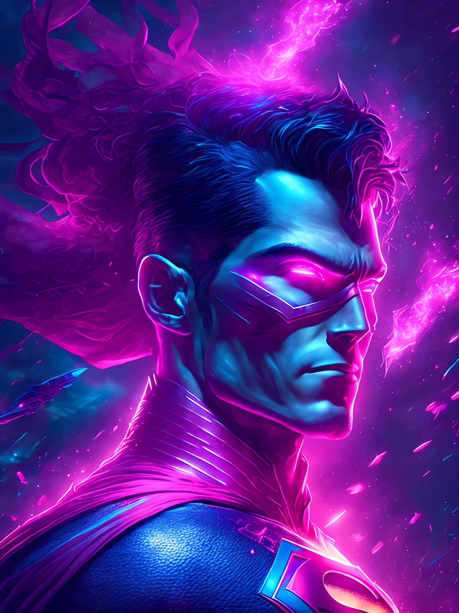 gloomy portrait of Superman Pink Lantern from DC, extremely detailed, futuristic cityscape, nighttime, glowing neon lights, smoke, sparks, metal shavings, flying debris, blue energy effects, volumetric light