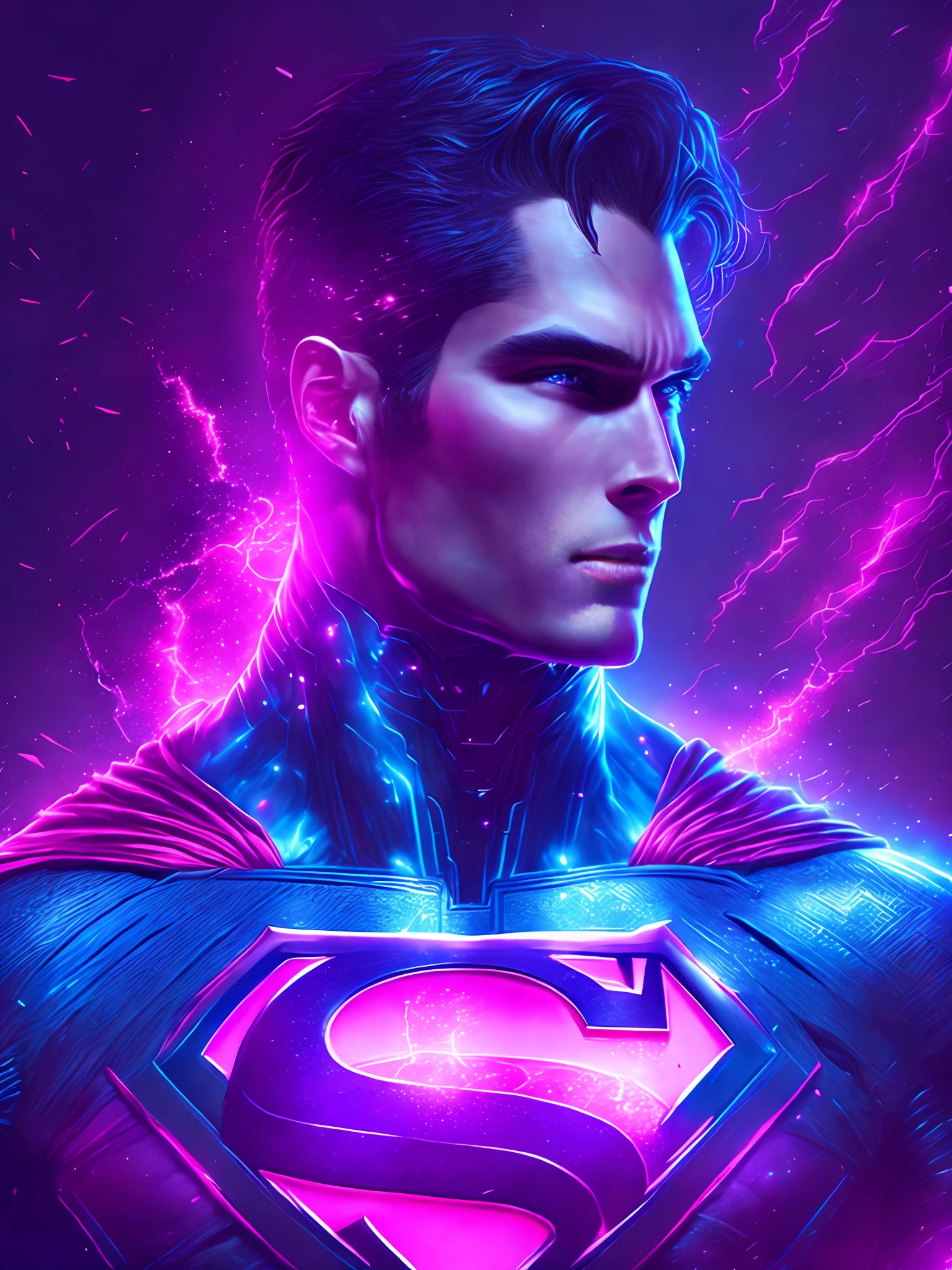 gloomy portrait of Superman Pink Lantern from DC, extremely detailed, futuristic cityscape, nighttime, glowing neon lights, smoke, sparks, metal shavings, flying debris, blue energy effects, volumetric light