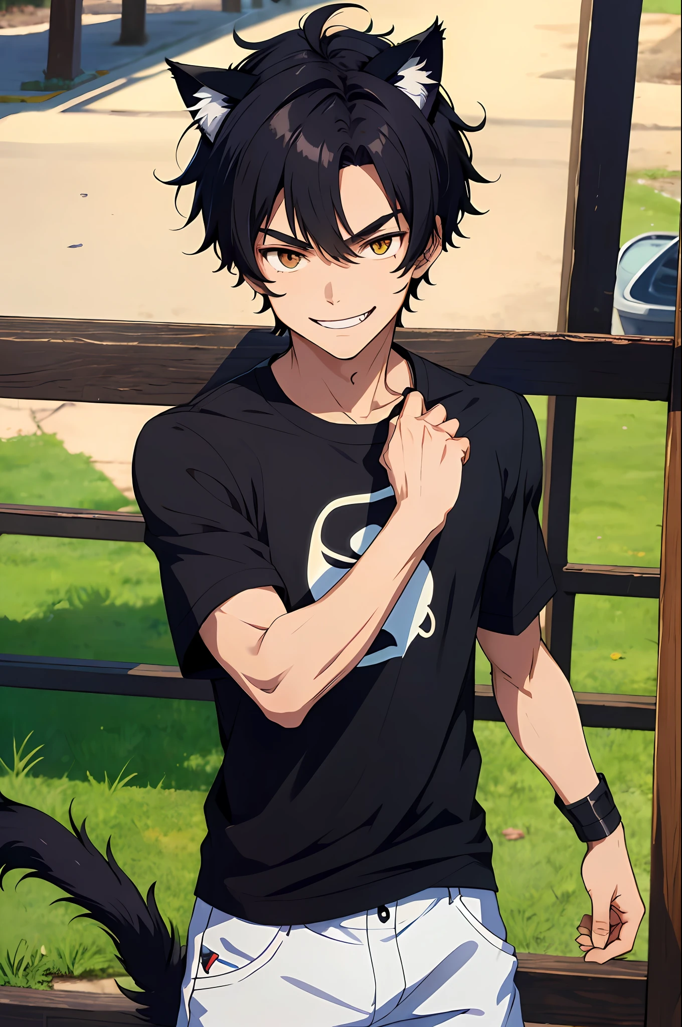 (masterpiece, best quality), 1 boy, cat ears, cat tail, athletic body, black eyes, messy black hair, evil smile, black shirt