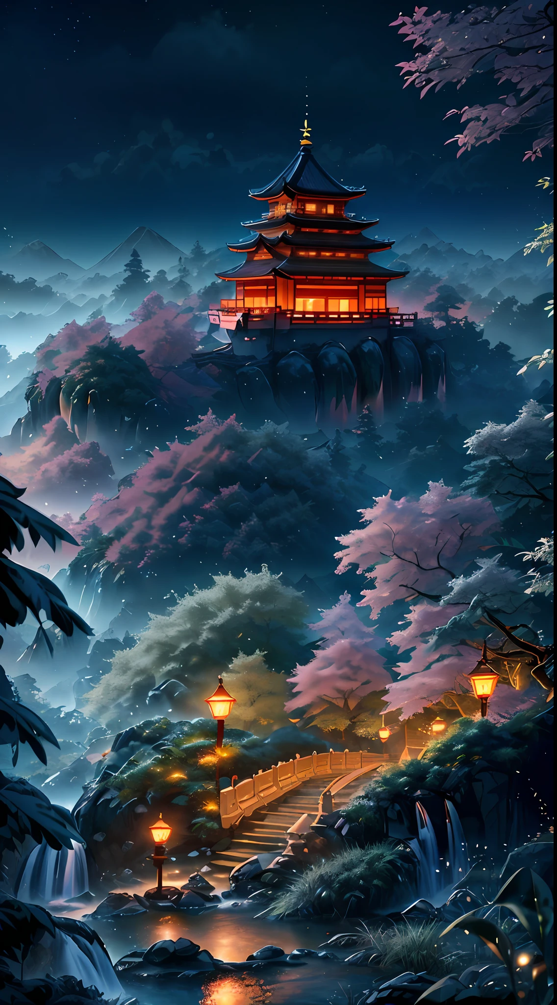 ((diffuse colors)), (( Top view, high angle view, Focal point composition)), Ancient Chinese architecture, cool colors, dark night, moon, garden, bamboo, lake, stone bridge, rockery, arch, corner, tree, running water, landscape, outdoor, waterfall, grass, rock, intense rainfall, thunderstorm, vines all around, giant and wet trees, with glowing leaves in the trees, glowing fireflies and glowing particle effects, a japanese castle at the top of a mountain, masterpiece, best quality, high quality, extremely detailed CG unity 8k wallpaper, oil paiting, award winning photography, Bokeh, Depth of Field, HDR, bloom, ,Photorealistic,extremely detailed, trending on artstation, trending on CGsociety, Intricate, High Detail, dramatic, art by midjourney, volumetric lighting