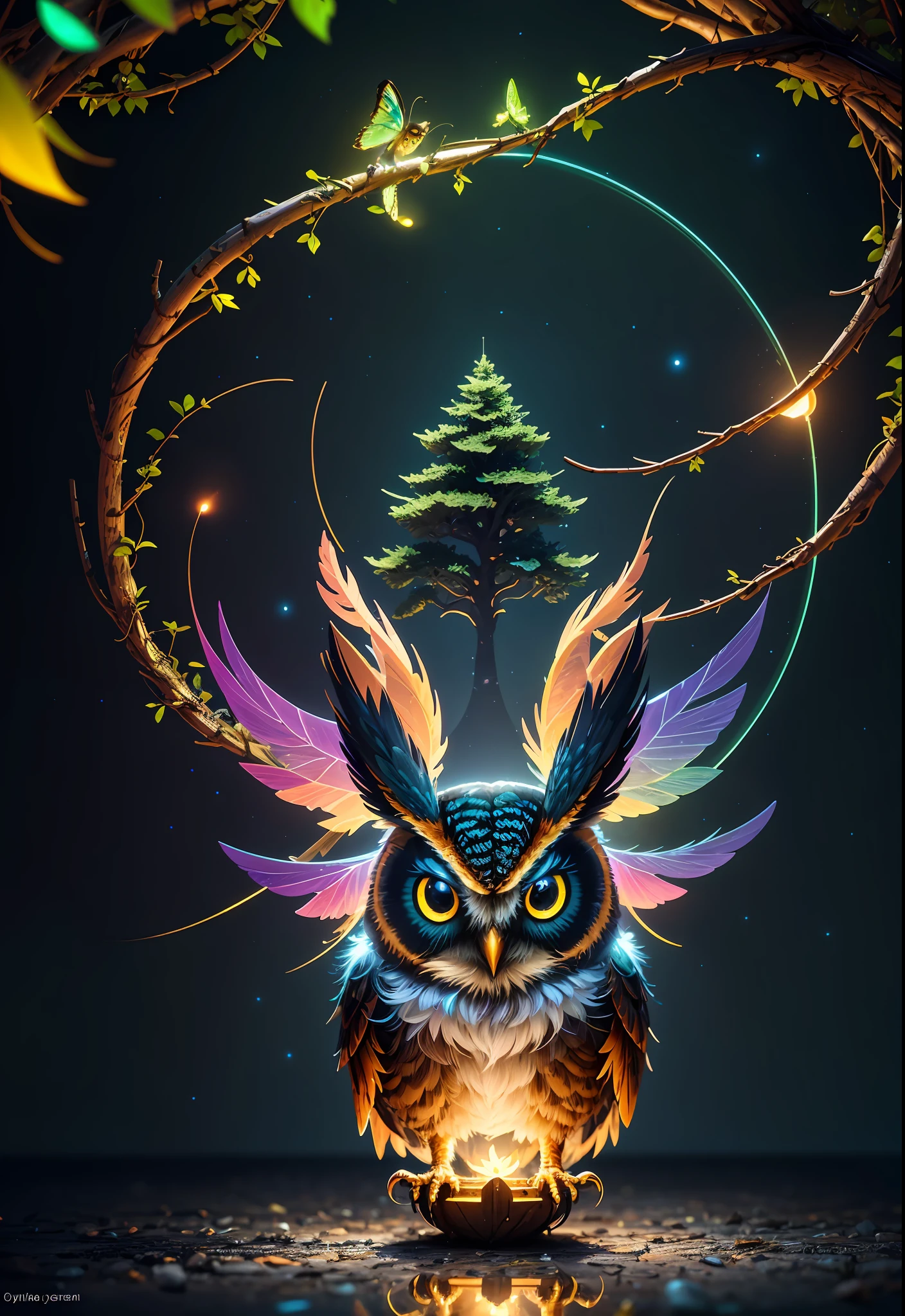 Masterpiece, best quality, extremely beautiful reflection, best reflection. (Very detailed CG unity 8k wallpaper), (best quality), (best illustration), (best shadow), a photo of a cybernetic owl, perched on barbed wire in a dark alley. His eyes are neon blue, reflecting the lights of the surrounding city. The feathers are fragmented and iridescent, and there is a wonderful code running through them. The shots used create a deformation effect, giving the impression that an owl is observing the viewer from all angles, with a forest theme with natural elements. Tall trees, quiet stream, glowing small mushrooms surrounded by delicate leaves and branches, and fireflies and glowing particle effects, (natural elements), (jungle theme), (leaves), (branches), (fireflies), butterflies, (delicate leaves), (glow), (particle effects), isometric 3D, Octane rendering, ray tracing, super detailed