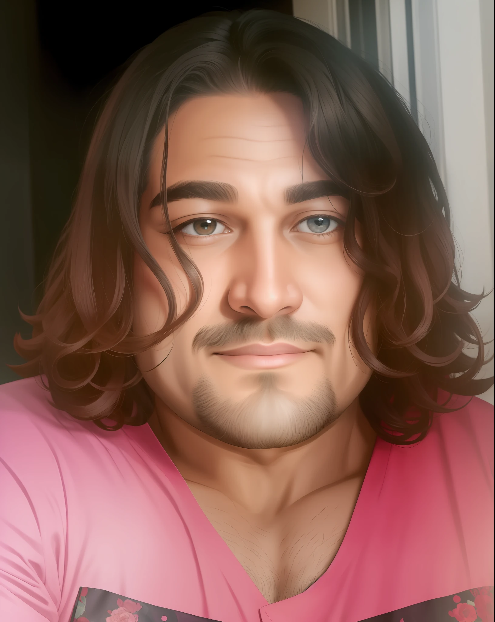 ((8k, masterpiece :1.3)) There is a fat man with long hair and pink shirt, dark skinned, about 1 9 years old, no beard, no beard and mustache, 2 7 years, messy and disheveled hair, no mustache, Ayan Nag, long haired, no beard, about 3 5 years, 2 9 years, 2 8 years, with the same hairstyle,  slightly smiling