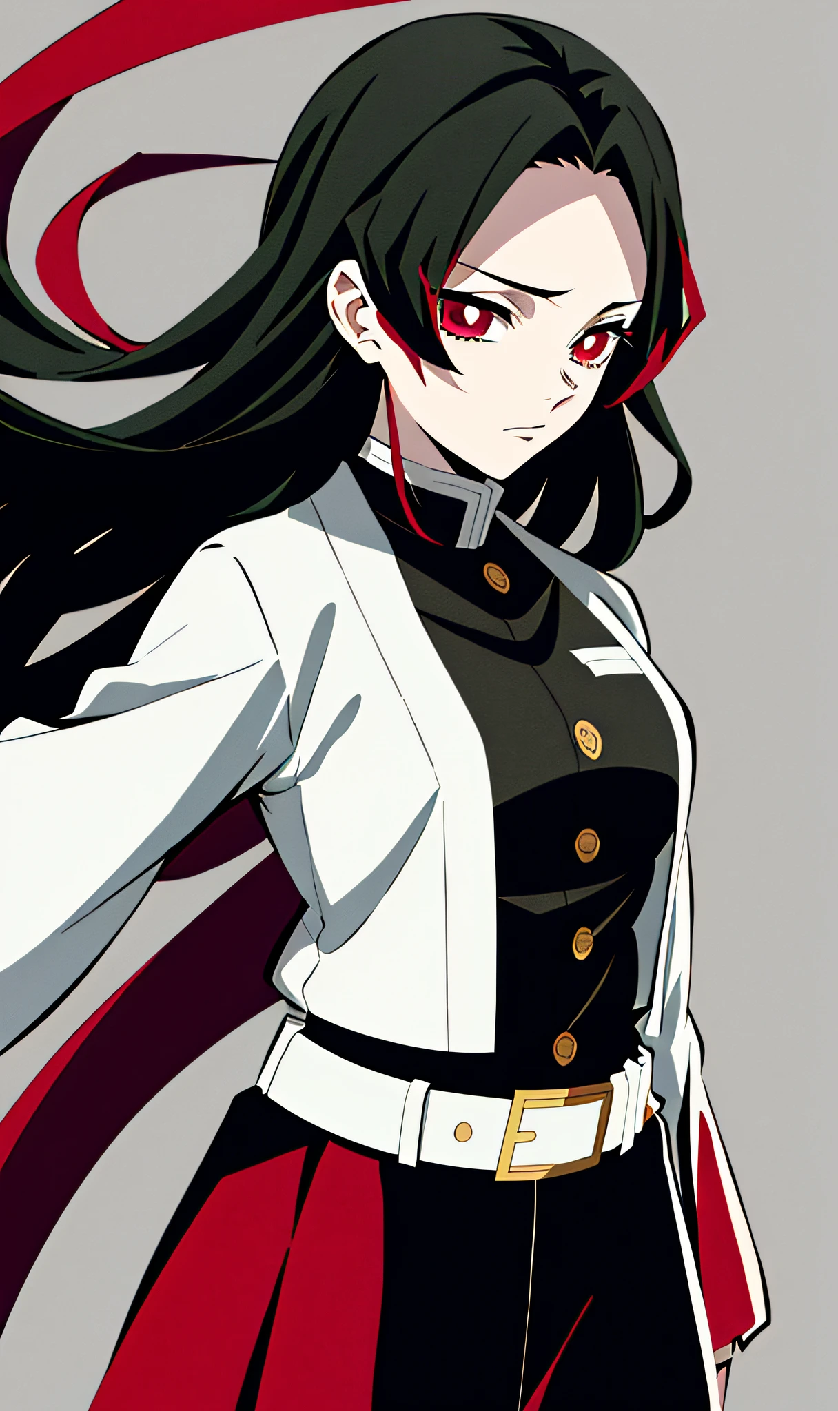 Kimetsu no Yaiba style young Japanese girl, wavy black hair with red tips, black open Demon Slayer Uniform with white undershirt, white belt, anime coloring, ((masterpiece))