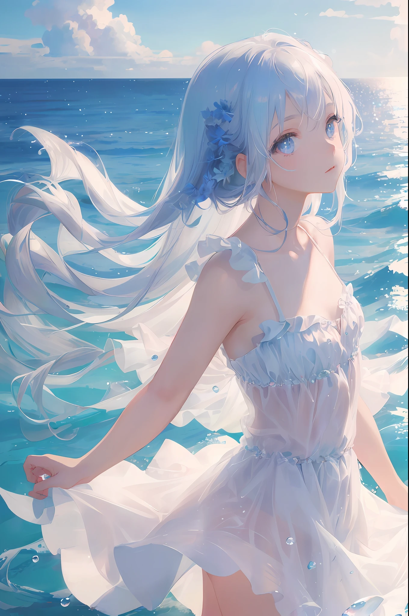 art by Cornflower, dreamy
(a girl who was petite and had beautiful detailed eyes. The depth of field in the photo was perfect, and the lens flare added a nice touch. The finely detailed features of her face really stood out, and the score for this photo was definitely greater than 10. In the background, there was a beautiful ocean with crystal clear water and water droplets on the surface. It was a stunning photo that really captured the beauty of the girl and the water.)