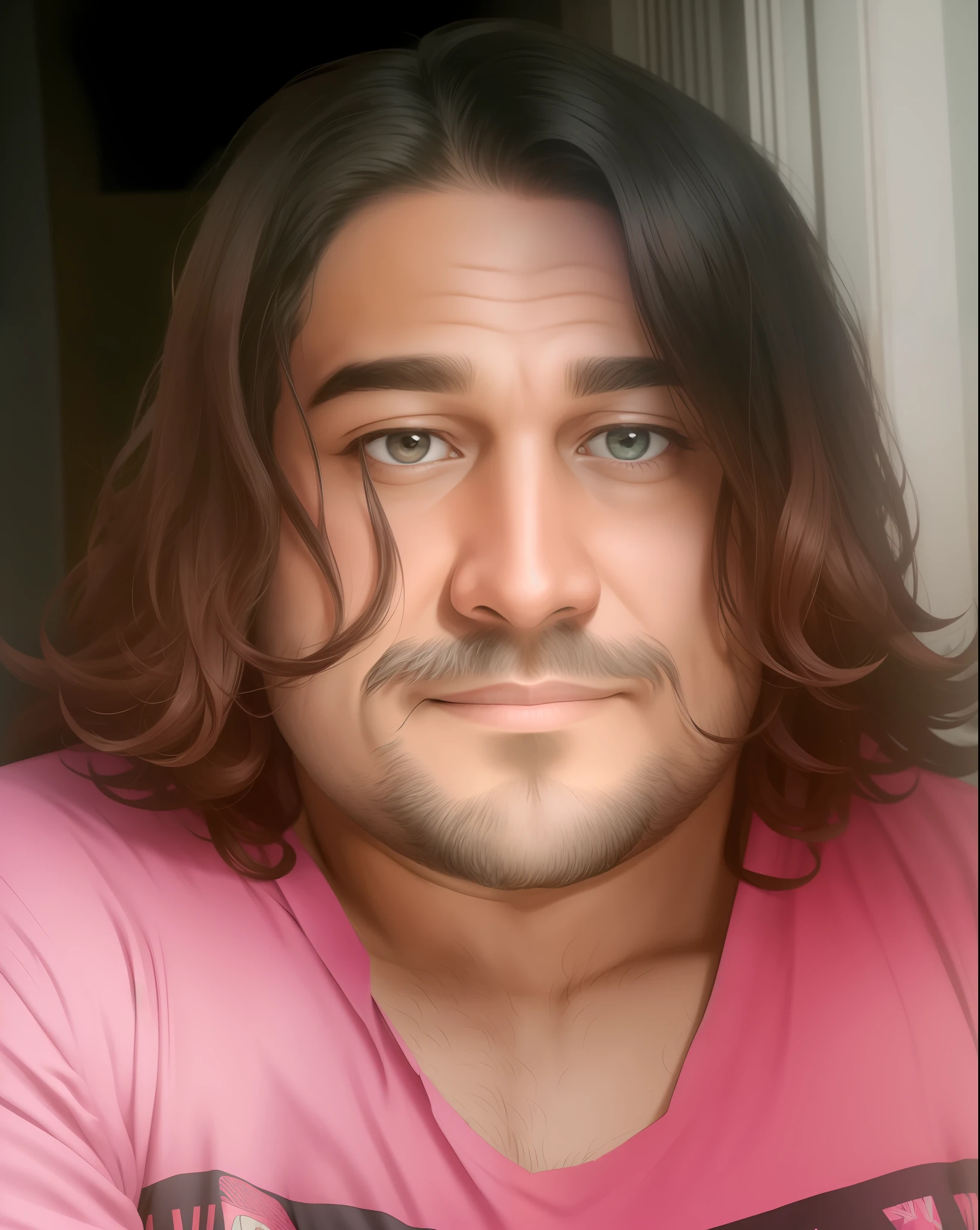 ((8k, masterpiece :1.3)) There is a fat man with long hair and pink shirt, dark skinned, about 1 9 years old, no beard, no beard and mustache, 2 7 years, messy and disheveled hair, no mustache, Ayan Nag, long haired, no beard, about 3 5 years, 2 9 years, 2 8 years, with the same hairstyle,  slightly smiling