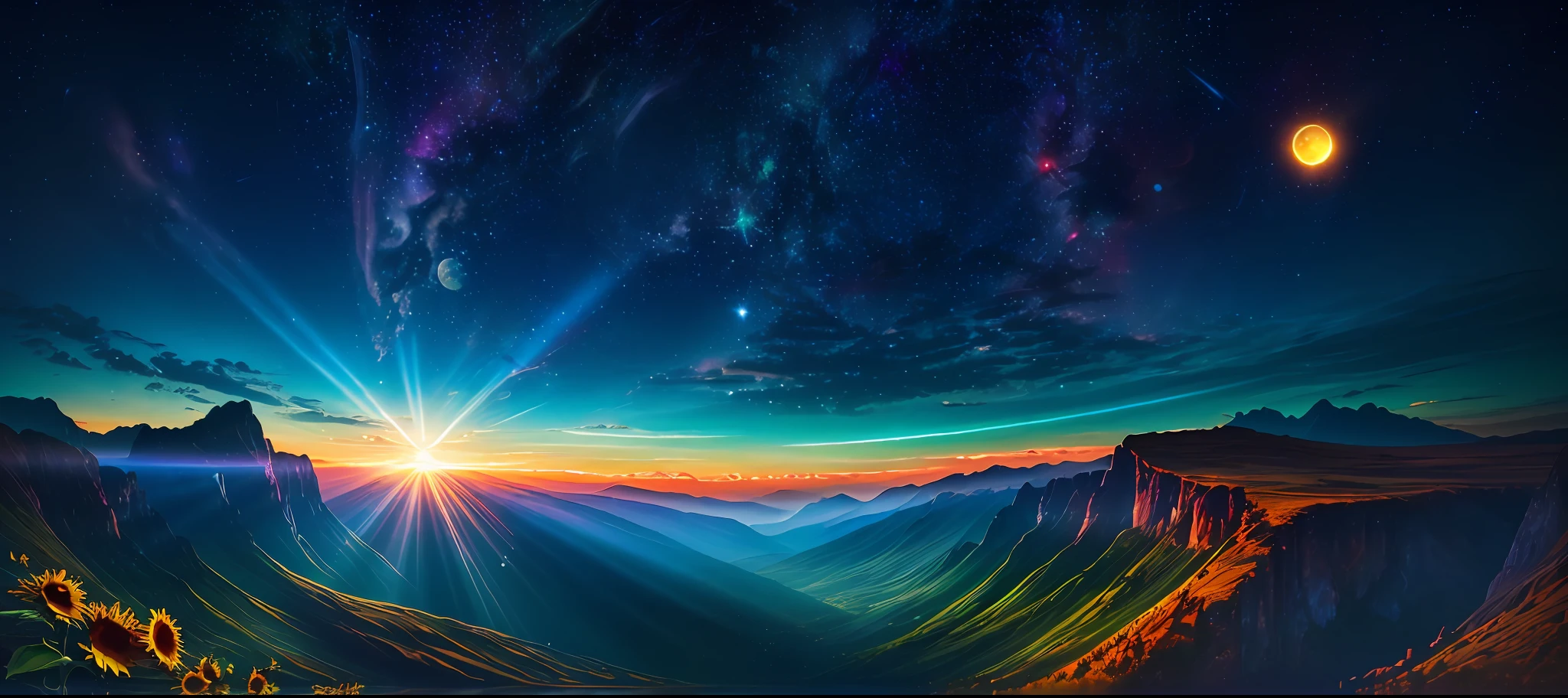 Masterpiece, 8k wallpapers, extremely detailed, best quality, high quality, landscapes. ((Colored sky)), clouds, (((Full moon, nebula and background stars))), (mountains), panorama, , Detail enhancement, Detail enhancement, sunflower, sunflowers, Flawless. Award-winning photography, Depth of field, HDR, Photorealism, Highly detailed, Intricate, High detail, Dramatic, ((color image)), ((single image)), night, realistic, (((vivid colors)), blue, red, yellow, orange, green, ((light rays, rays)),