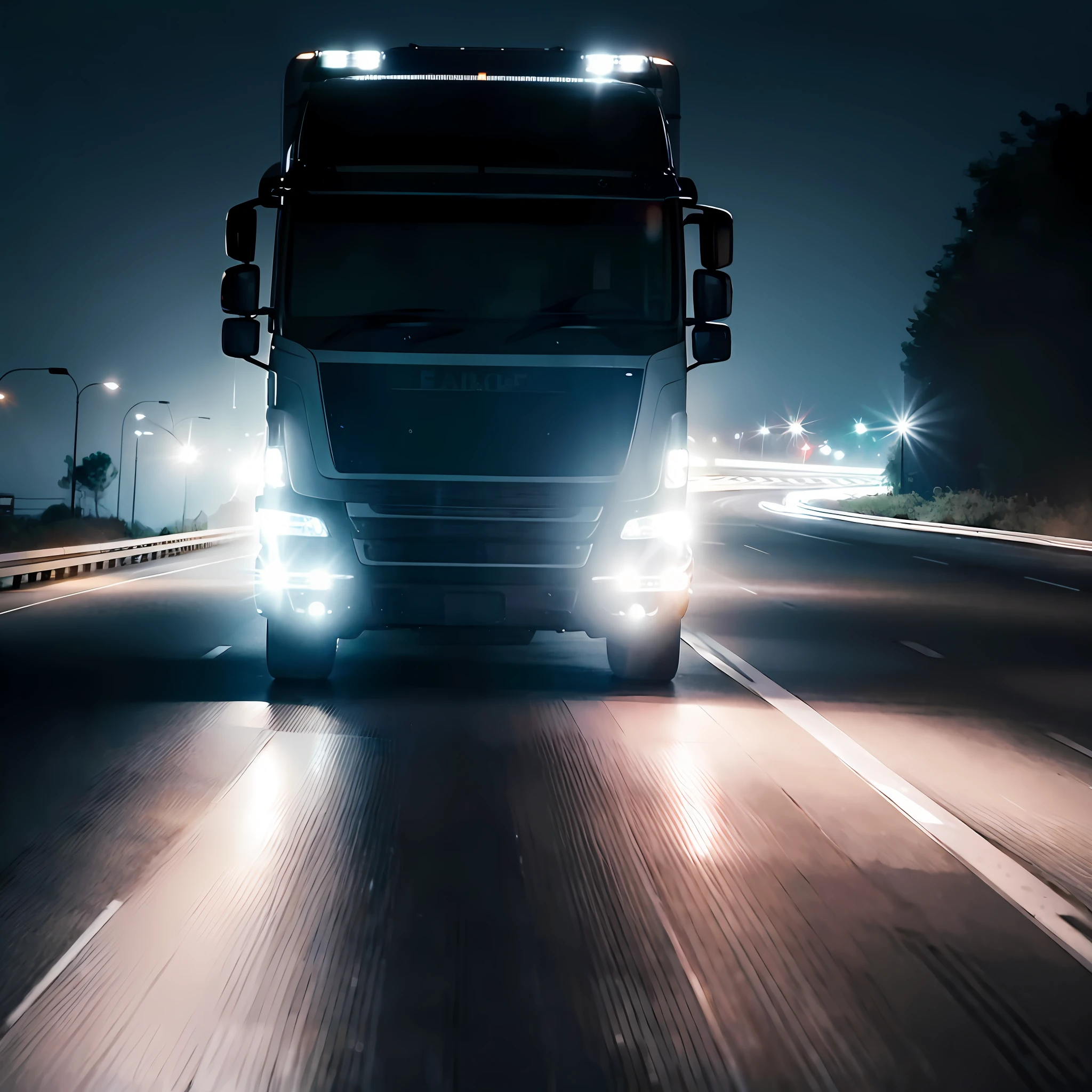 a cargo truck driving at night on a highway with its headlights on