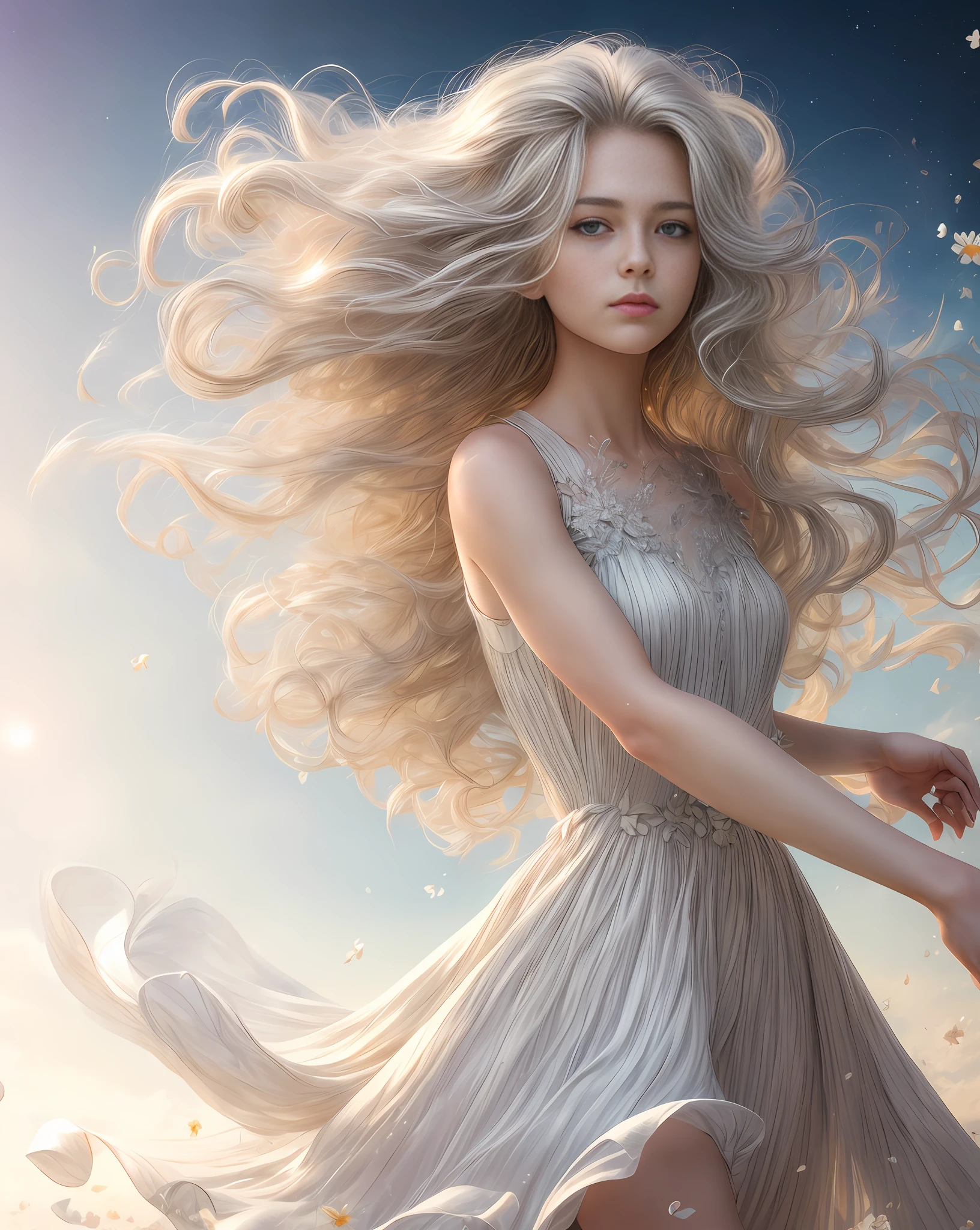 (best quality, masterpiece), woman , pose, particle, wind, flower, upper body, simple background, looking at viewer, long curly windblown blonde and silver hair, galaxy, backlit, rimlight, beautiful artwork, perfect composition