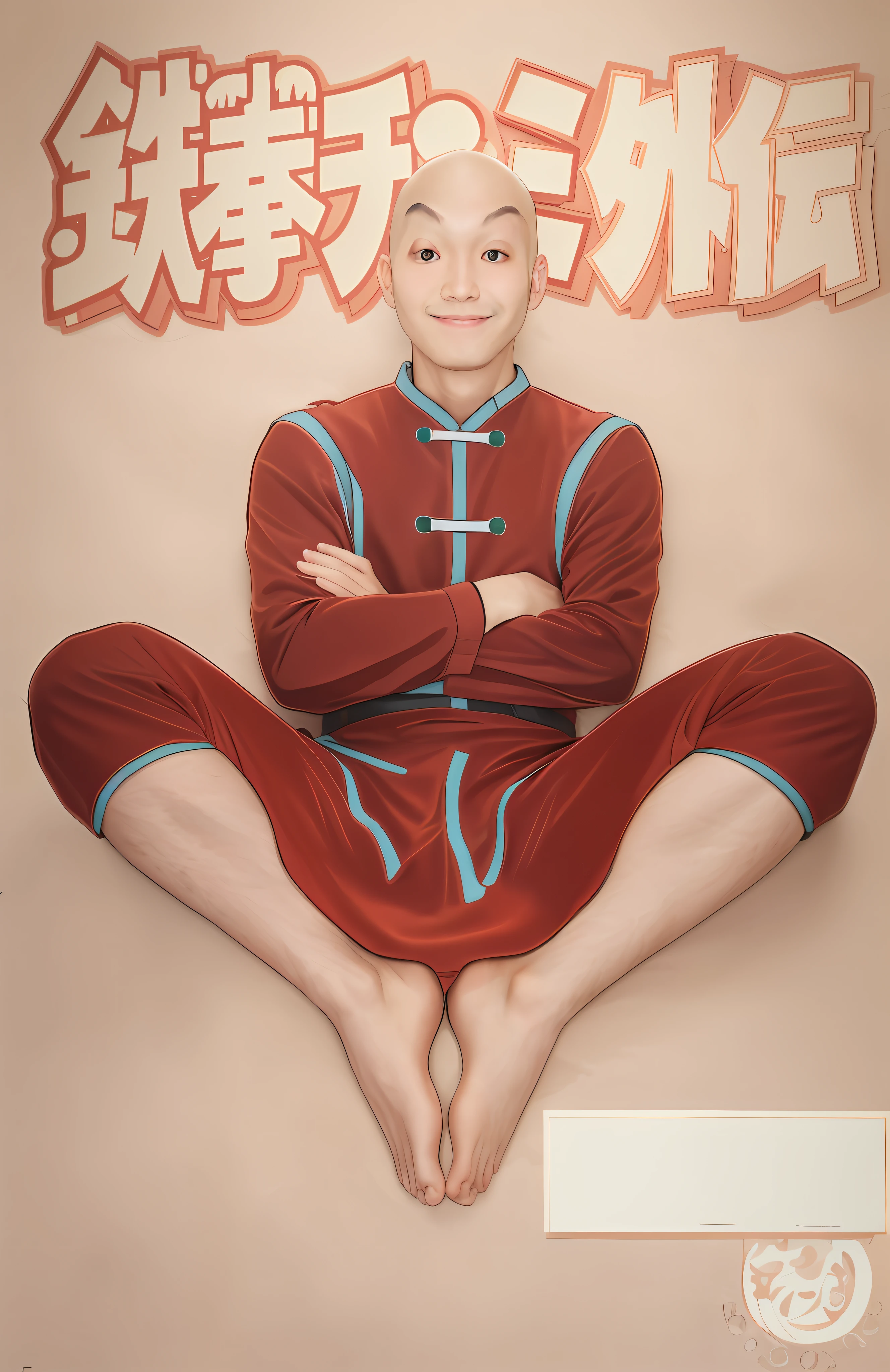A photo of oppav3, (masterpiece, ultra quality, high resolution, 8k, intricate: 1.2), (detailed face:1.2), handsome, Young Korean man ,white skin, double eyelids , detailed skin, 1boy, ((realistic)), abs, good lighting quality, muscle veins, ((pale skin)), flexing, waking up, morning, no mustache, bald man, big smile, face funny