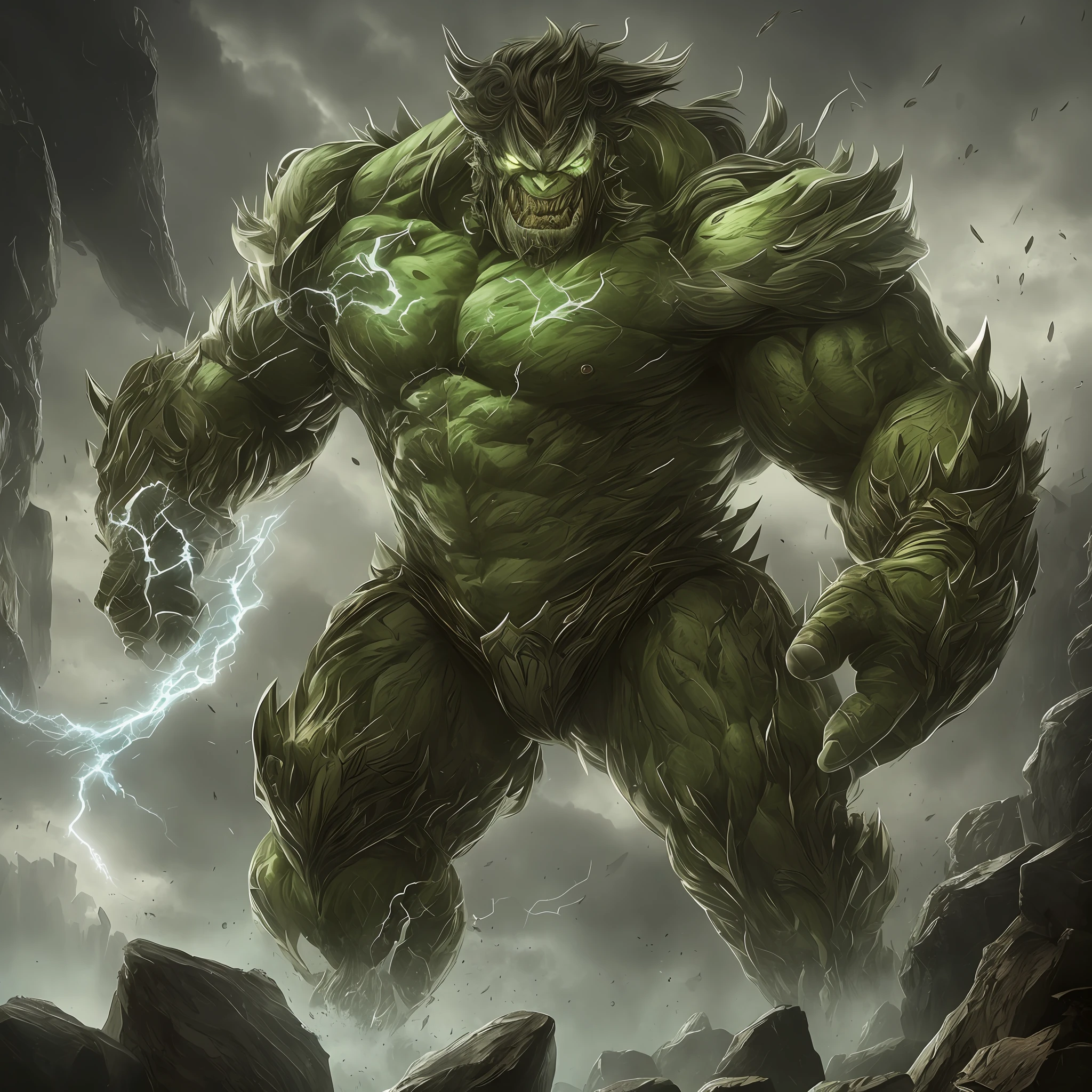 The Titan is an imposing and colossal form into which the Hulk transforms. Its appearance is characterized by an immense muscle mass, giving it a dominant and frightening presence. Its body is covered by a thick and resistant skin, with intense green tones. His veins bounce under his skin, further highlighting his strength and power.

The Titan's face features a fierce, angry expression, with furrowed brows and teeth exposed in an intimidating roar. His eyes are piercing and shine with a menacing glint. His head is adorned with a crest of shaggy, wild hair, which adds a wild and indomitable air to his appearance.

The proportions of the Titan's body are exaggerated, with muscular and robust limbs that evidence his superhuman strength. Their hands have thick and powerful fingers, capable of wreaking devastating havoc. He also has wide and firm feet, providing him with stability and momentum during his actions.

The Titan wears only torn fragments of clothing, which can barely contain his immense musculature. These flaps of fabric are usually of dark shades, such as black or brown, indicating the brutality and violence associated with their transformed form.

Overall, the Titan is an imposing and frightening creature whose appearance reflects its incredible strength and ferocity. His presence is overwhelming and intimidates even the bravest opponents. --auto --s2