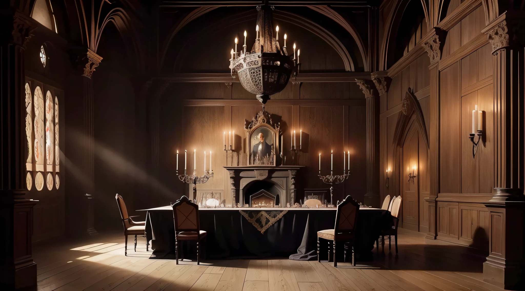 Criar uma cena de um conselho com 6 nobres, num salão medieval. (medieval hall:1.3), (noble:1.2), (candlelight:1.1), (royal robe), (long table), (chairs), (tapestries), (intricate patterns), (shadows), (goblets), (fireplace), (dimly lit), (serious atmosphere), (pt)