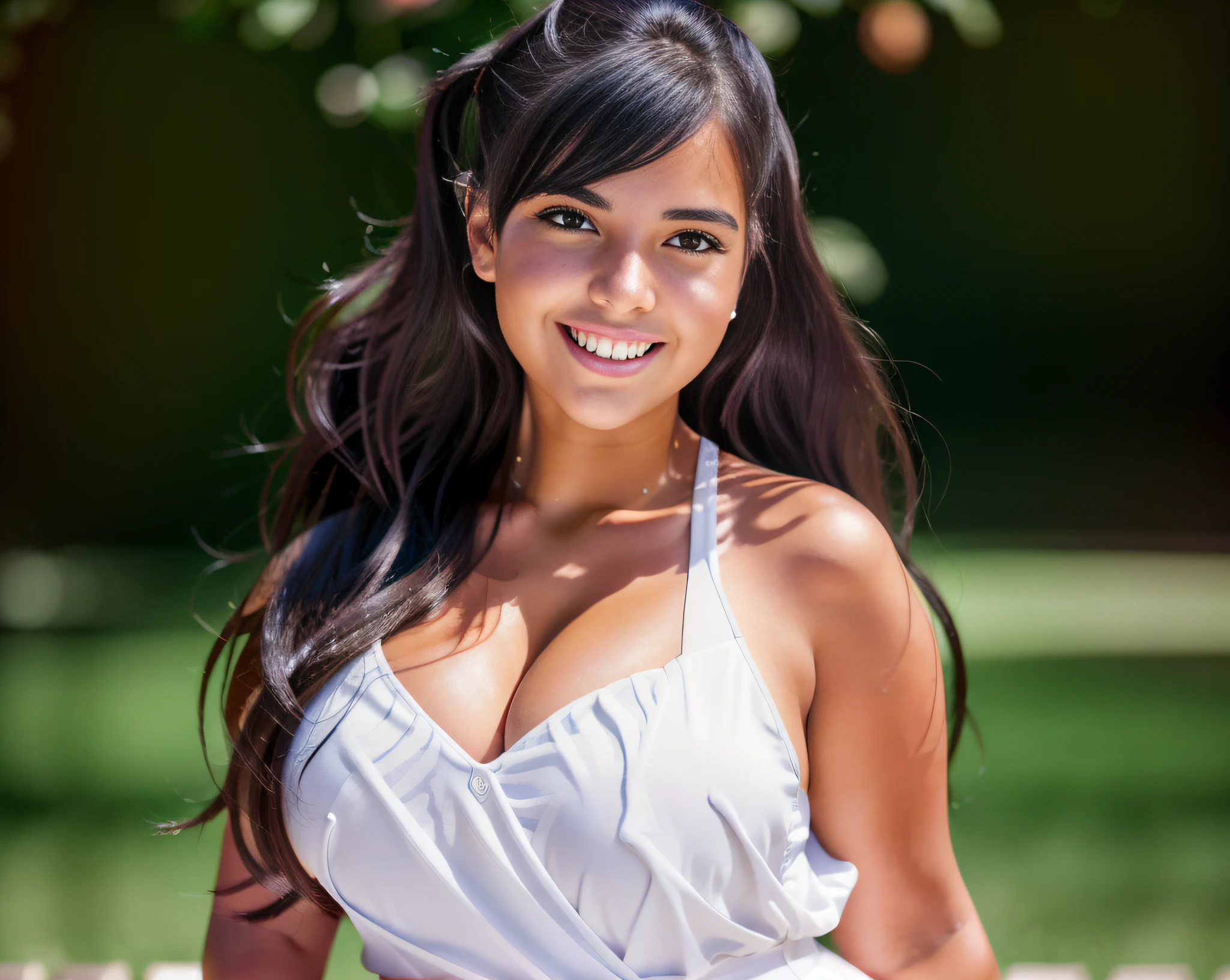 (A full height photo of a beautiful curvy girl), black ponytail hair, huge cleavage, laughing, looking at viewer, portrait, photography, detailed skin, realistic, photo-realistic, 8k, highly detailed, full length frame, High detail RAW color art, diffused soft lighting, shallow depth of field, sharp focus, hyperrealism, cinematic lighting, centered