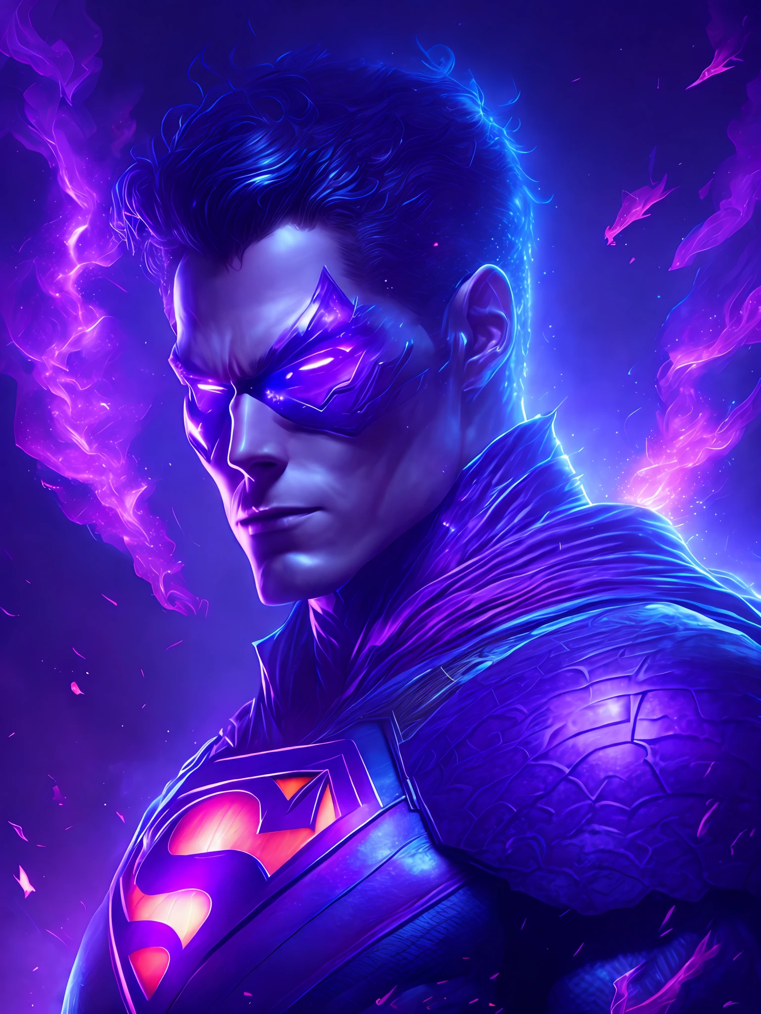 gloomy portrait of Superman Violet Lantern from DC, extremely detailed, futuristic cityscape, nighttime, glowing neon lights, smoke, sparks, metal shavings, flying debris, blue energy effects, volumetric light