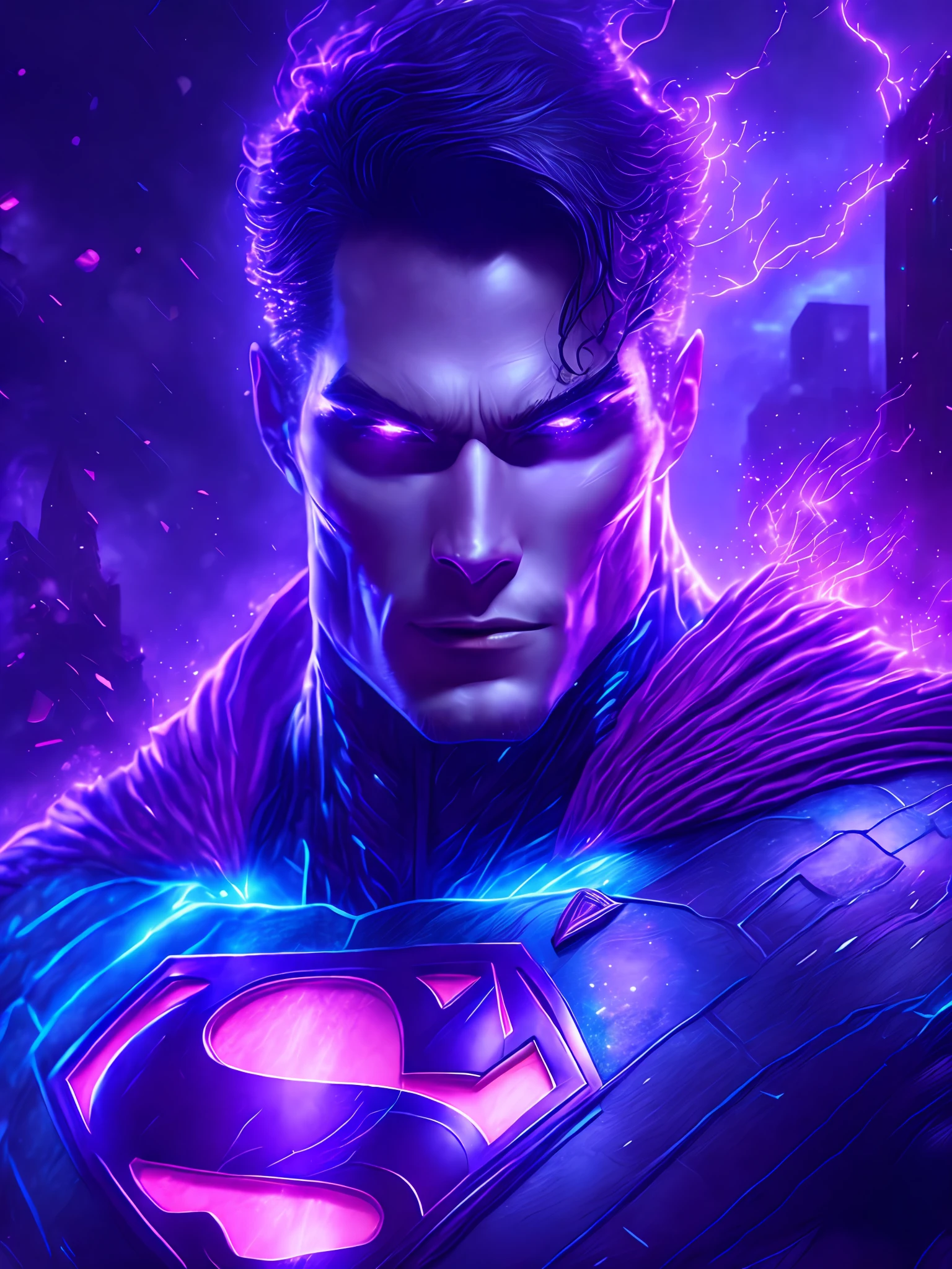 gloomy portrait of Superman Violet Lantern from DC, extremely detailed, futuristic cityscape, nighttime, glowing neon lights, smoke, sparks, metal shavings, flying debris, blue energy effects, volumetric light