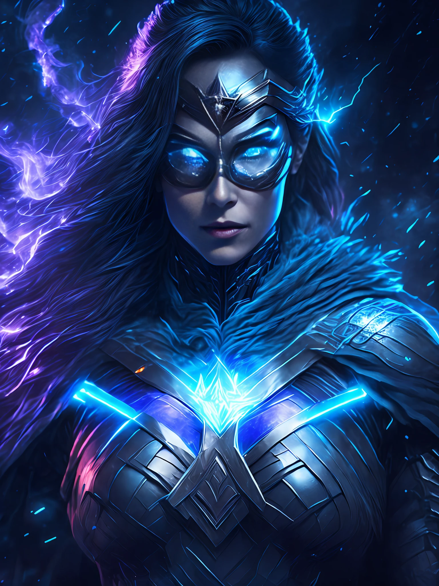 gloomy portrait of Wonder Woman Black Lantern from DC, extremely detailed, futuristic cityscape, nighttime, glowing neon lights, smoke, sparks, metal shavings, flying debris, blue energy effects, volumetric light