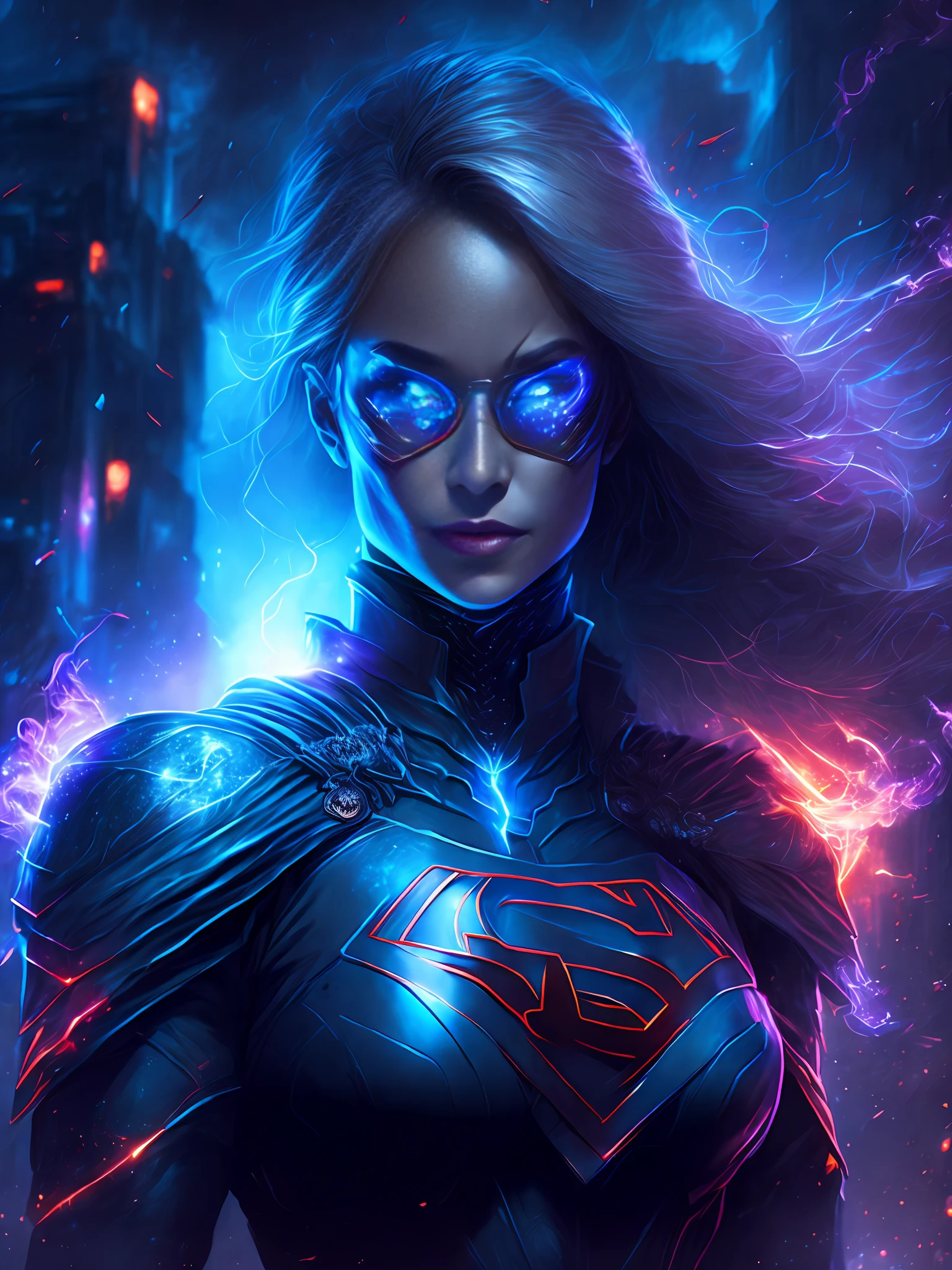 gloomy portrait of Supergirl Black Lantern from DC, extremely detailed, futuristic cityscape, nighttime, glowing neon lights, smoke, sparks, metal shavings, flying debris, blue energy effects, volumetric light