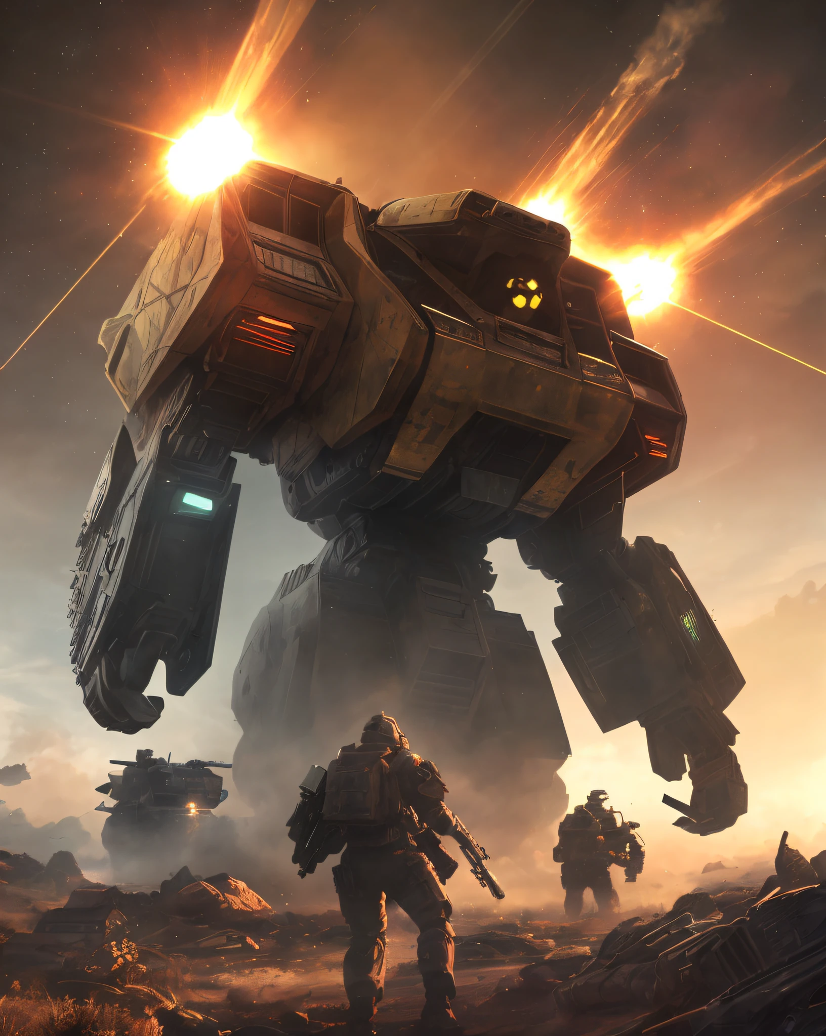 "An art masterpiece of a heavy mechanical tank, rendered in stunning 8k CG with the best quality and utmost attention to detail. Featuring tank treads, dynamic pose, epic lighting, huge gun barrel, and a trendy orange lightsaber. The armor is intricately crafted and lifelike, with a scale of 1.4. The best shadows and sidelight highlight the complex details, while the intricate cloud and dust effects make the scene even more perfect. The body is battered, with detailed fingers and glowing eyes."