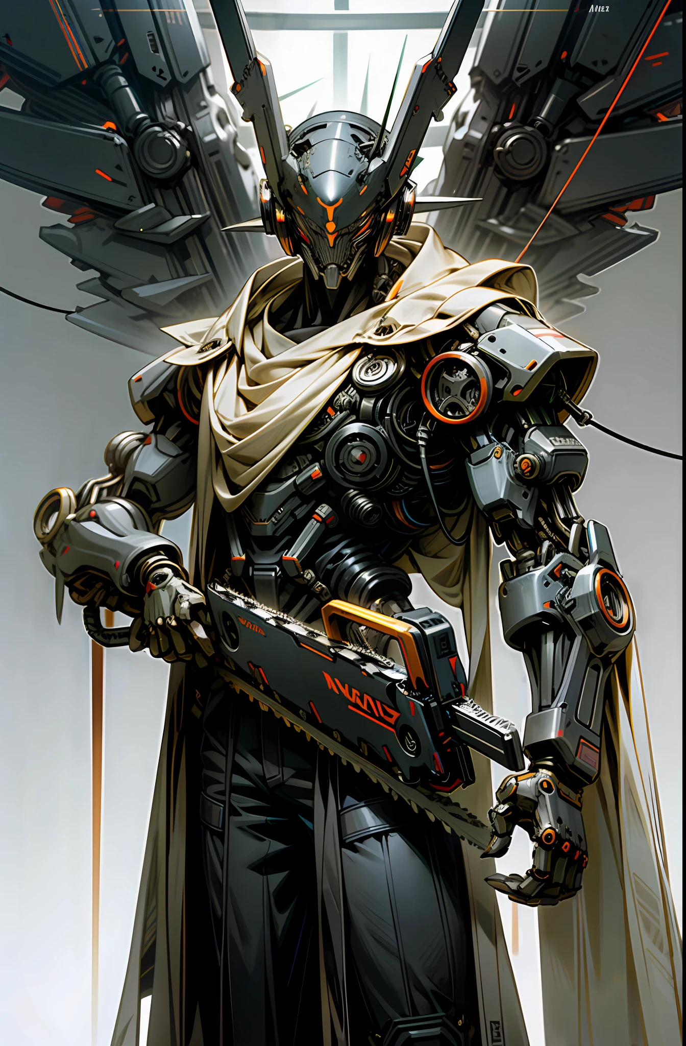 Dark_Fantasy, cyberpunk, (chainsaw, chain saw man, black: 1.1), 1man, mechanical wonder, robotic presence, cybernetic angel,