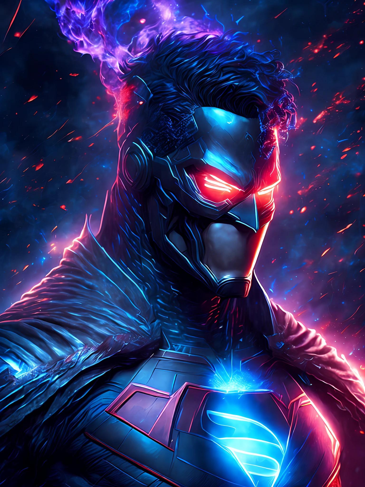 gloomy portrait of Cyborg Superman Black Lantern from DC, extremely detailed, futuristic cityscape, nighttime, glowing neon lights, smoke, sparks, metal shavings, flying debris, blue energy effects, volumetric light