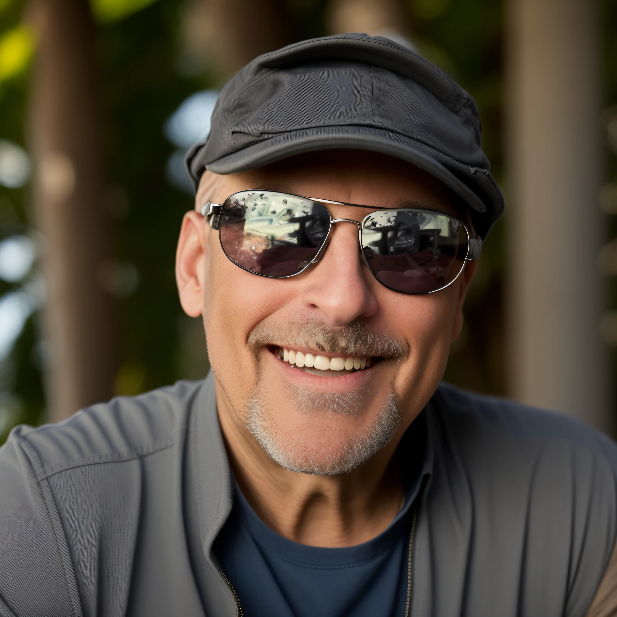 smiling man wearing sunglasses and a cap with a gray shirt, wearing sunglasses and a cap, inspired by Phil Foglio, portrait image, joe chiodo, photo portrait, profile image, wearing sunglasses and a hat, michael dante dimartino, avatar image, terrence malick, colin hay, roger magrini, peter palombi, portrait photo, mark hammil portrait