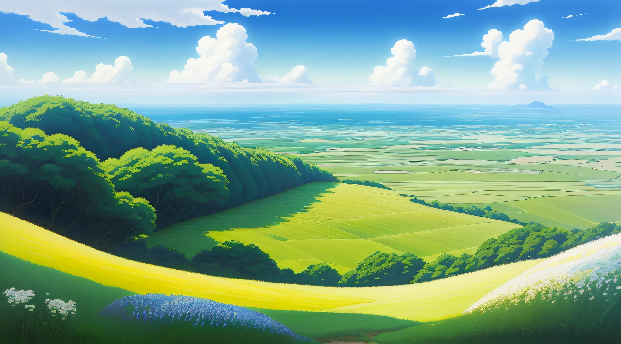 Realistic, authentic, beautiful and amazing landscape oil painting Studio Ghibli Hayao Miyazaki's petal grassland with blue sky and white clouds --v6