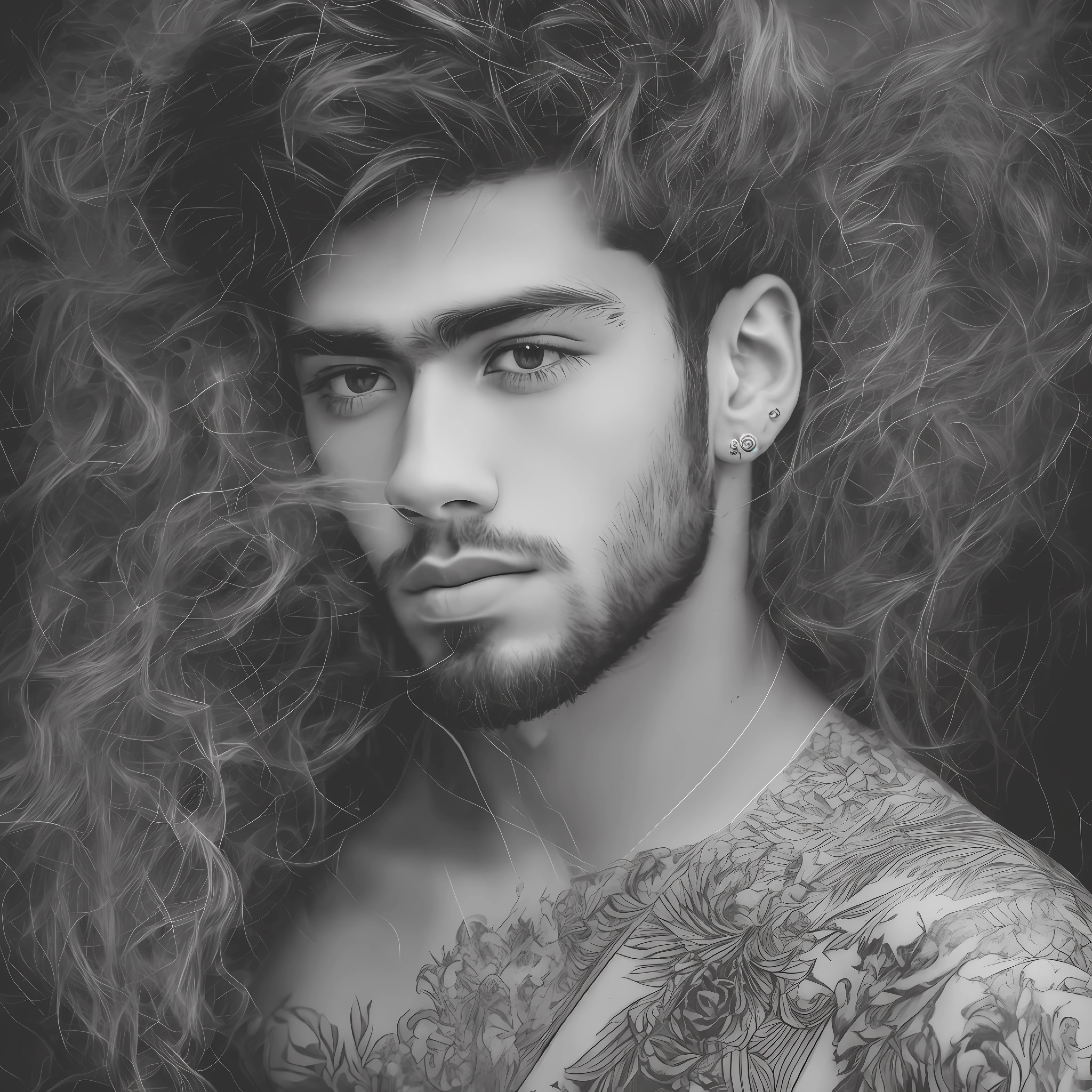 (an artistic portrait of Zayn Malik), black and white, low-key lighting, mysterious atmosphere, smoking cigarette, intense gaze, moody expression, depth of field. --auto --s2