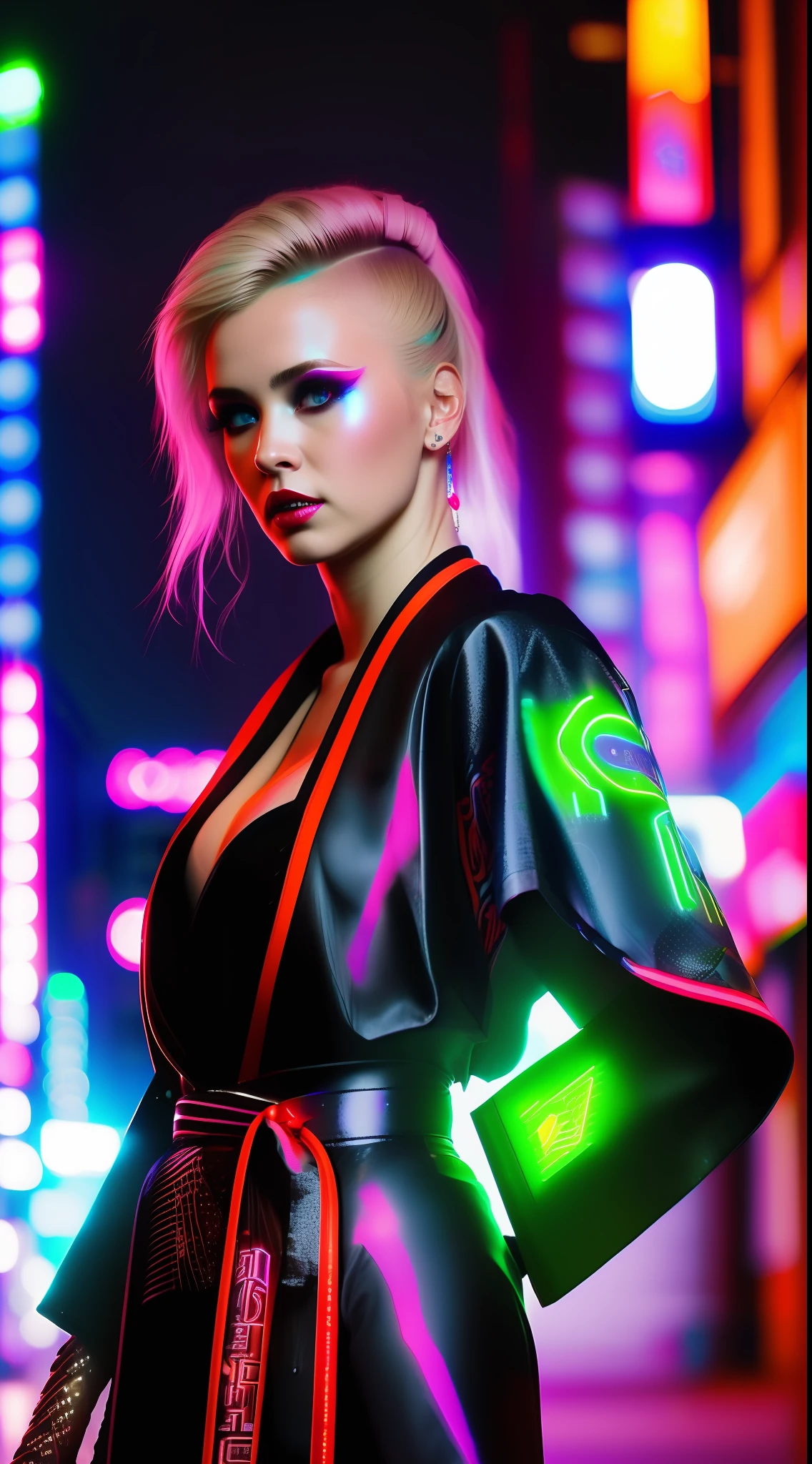 ((masterpiece 1.2)), high details, cyber punk, full body, wearing kimono, woman with piercing look, blonde hair, set in neon city, 24mm lens, (4K), cinema, dramatic lighting, deep shadows, (intense HDR), canon, sparkle, textured